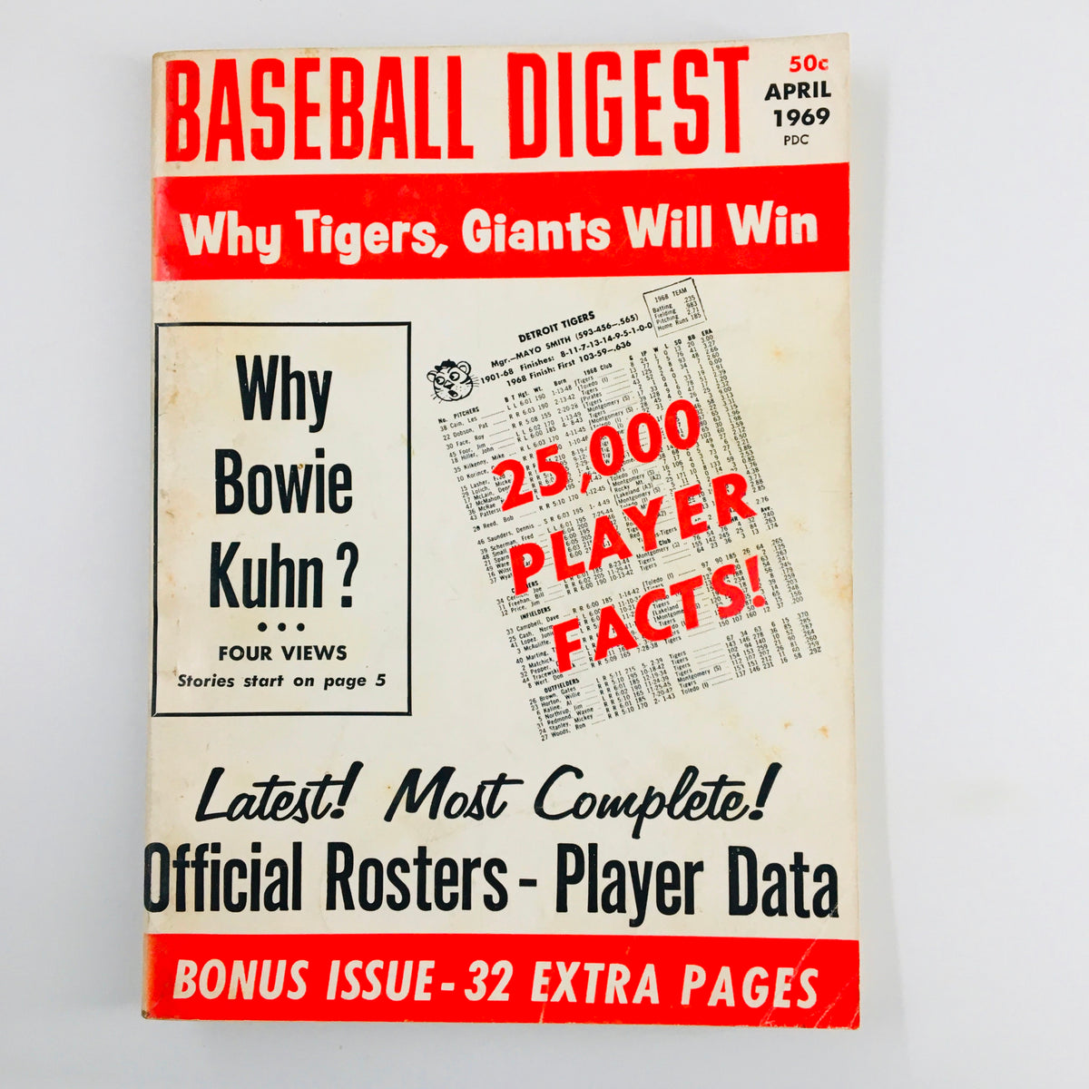 Cover of the VTG Baseball Digest Magazine from April 1969 featuring the headline 'Why Bowie Kuhn Four Views'. The magazine showcases a vintage design with sports graphics, including player stats and baseball rosters.