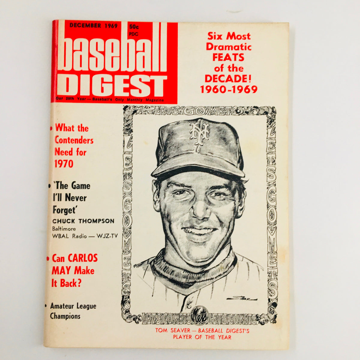 VTG Baseball Digest Magazine December 1969 featuring Tom Seaver as Player of the Year, showcasing a classic cover design with bold text and an illustration of Seaver.