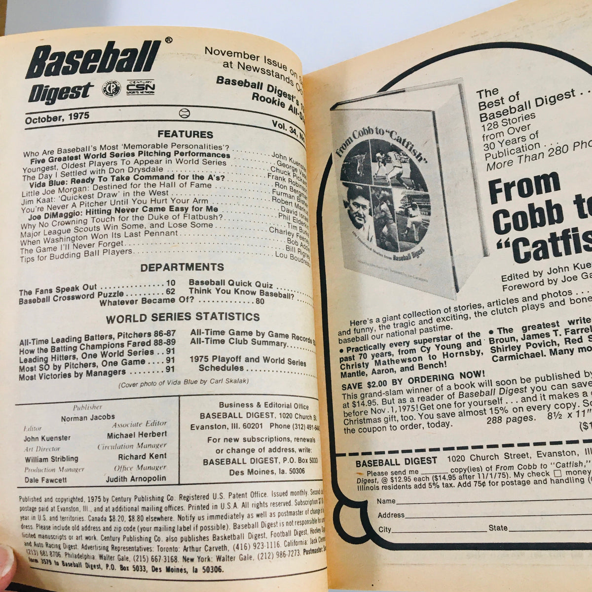 Interior page of VTG Baseball Digest Magazine October 1975, showcasing features and departments including World Series statistics and memorable personality profiles.
