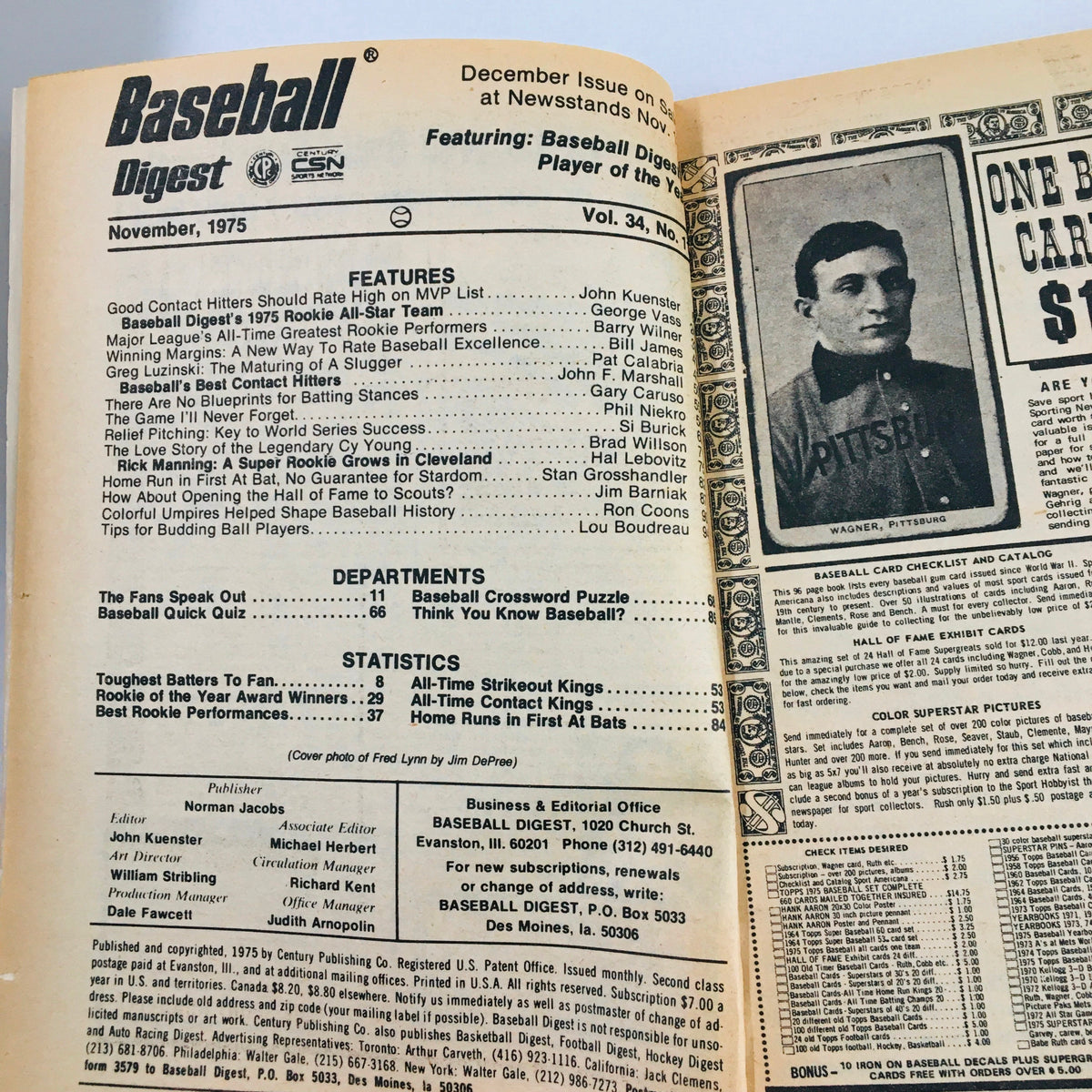 Inside pages of the November 1975 Baseball Digest magazine showcasing features and statistics including Rookie of the Year awarded to Fred Lynn.