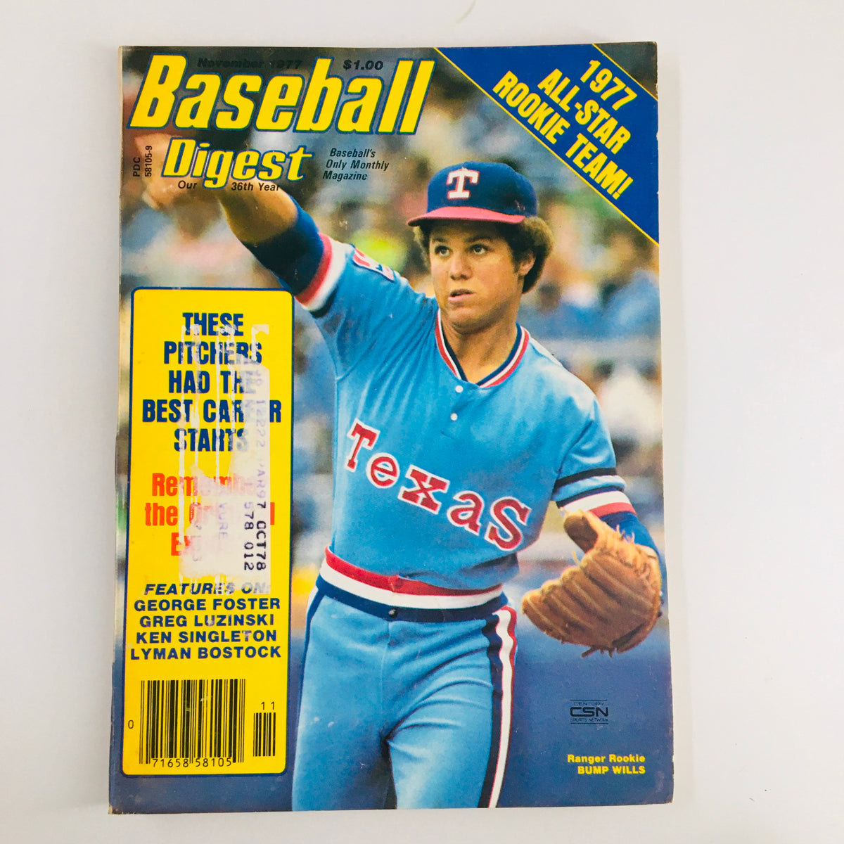Cover of the VTG Baseball Digest Magazine November 1977 featuring Ranger Rookie Bump Wills, showcasing the title and notable highlights like 1977 All Star Rookie Team.