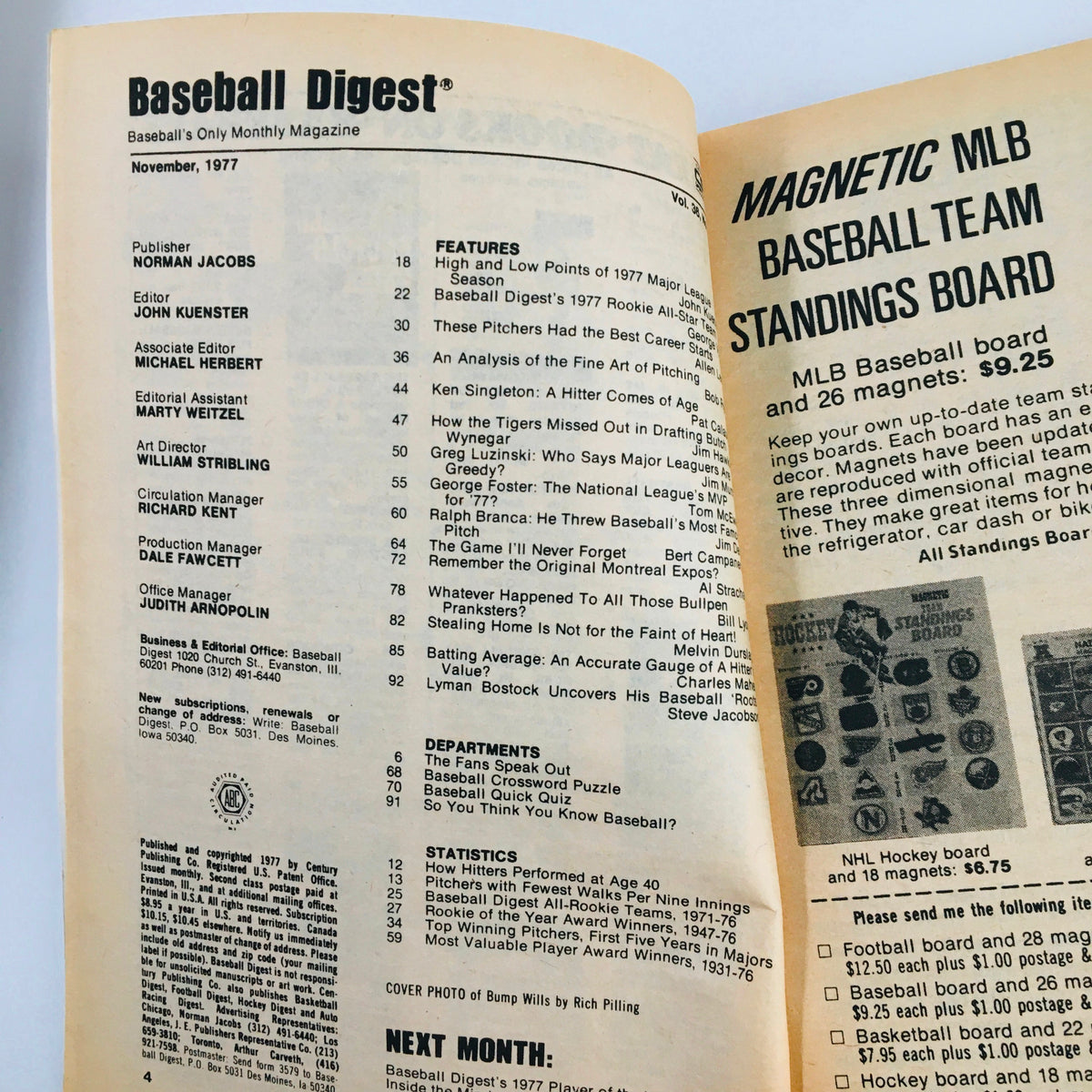 Inside page of the VTG Baseball Digest Magazine November 1977, displaying the table of contents and features including articles on the 1977 MLB season.