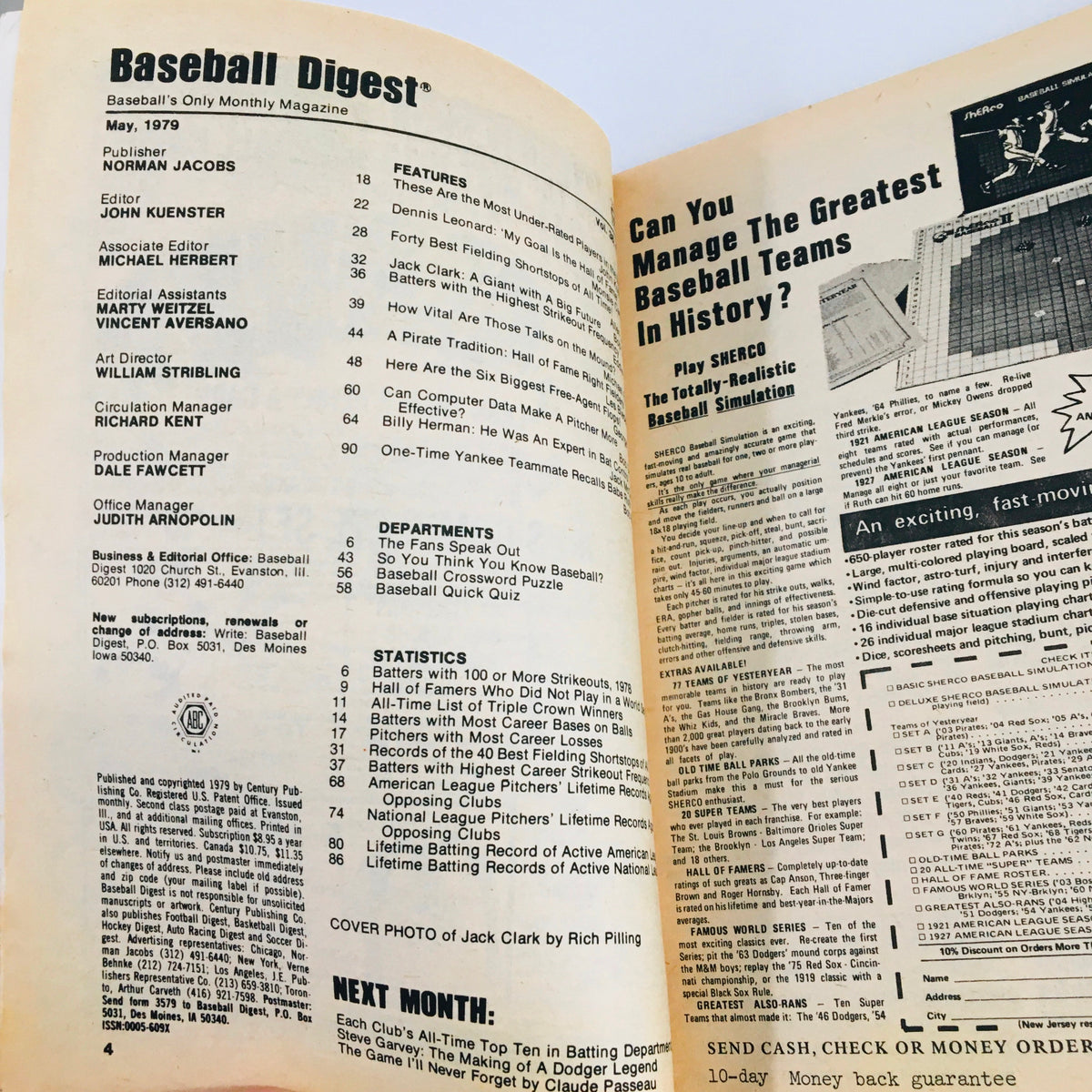 Inside page of the Vintage Baseball Digest Magazine May 1979, displaying editorial content, features, and statistics related to baseball, with a cover photo of Jack Clark.