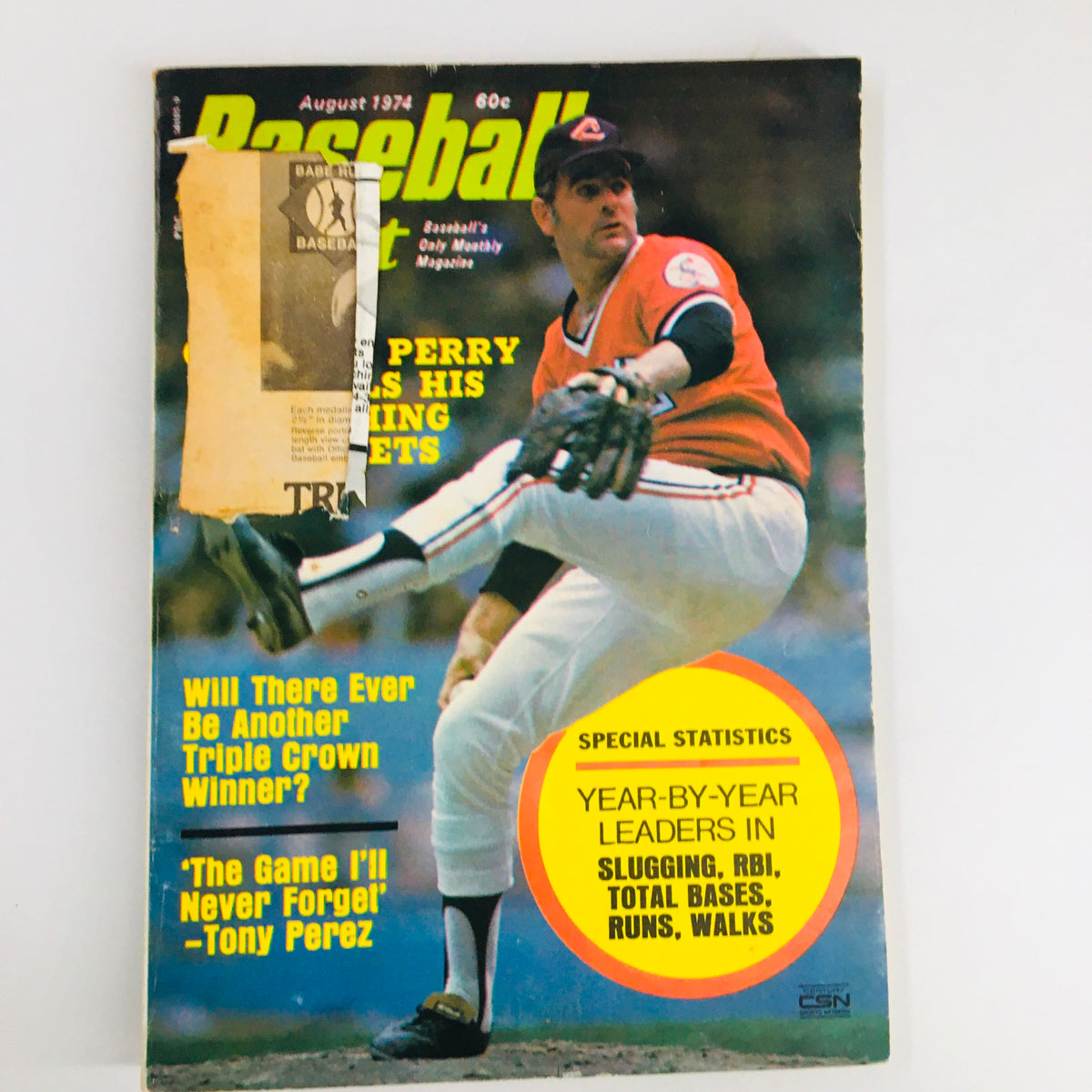 Cover of VTG Baseball Digest Magazine August 1974 featuring Gaylord Perry, showcasing statistics and questions about baseball history.