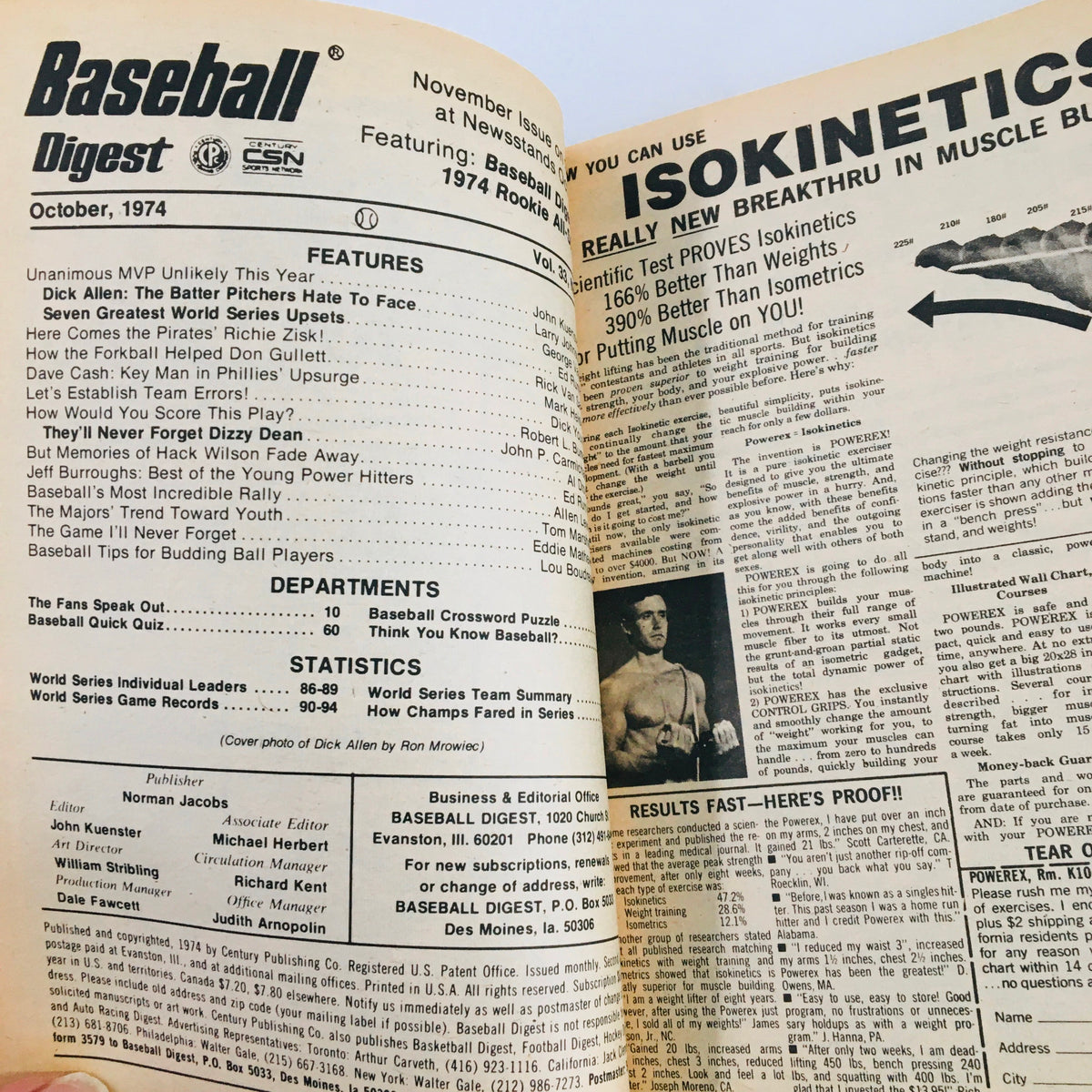 Inside page of the VTG Baseball Digest Magazine October 1974, listing features including Dick Allen and articles about the seven greatest World Series upsets.