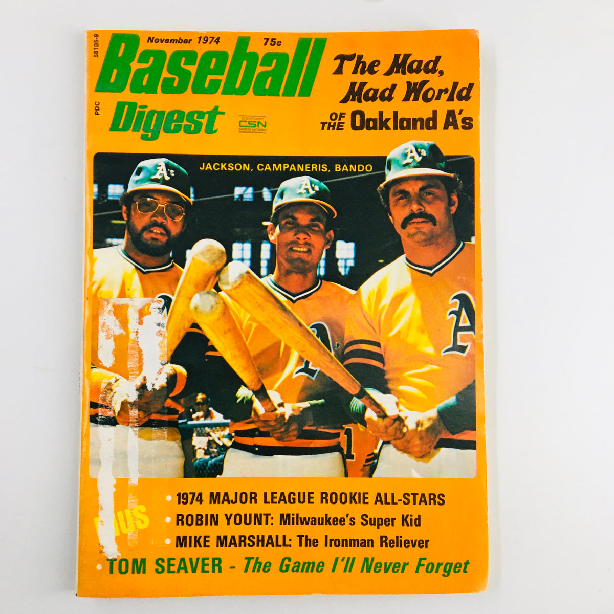 VTG Baseball Digest Magazine November 1974 featuring Reggie Jackson, Campaneris, and Bando on the cover. A vintage sports publication showcasing iconic baseball figures.