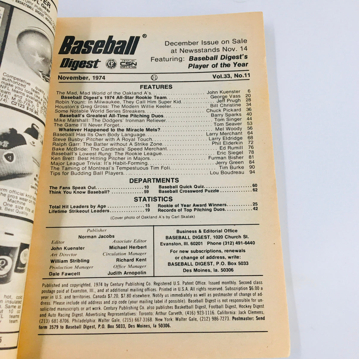 Inside spread of VTG Baseball Digest Magazine November 1974, featuring table of contents and highlights including articles on baseball rookies and notable players.