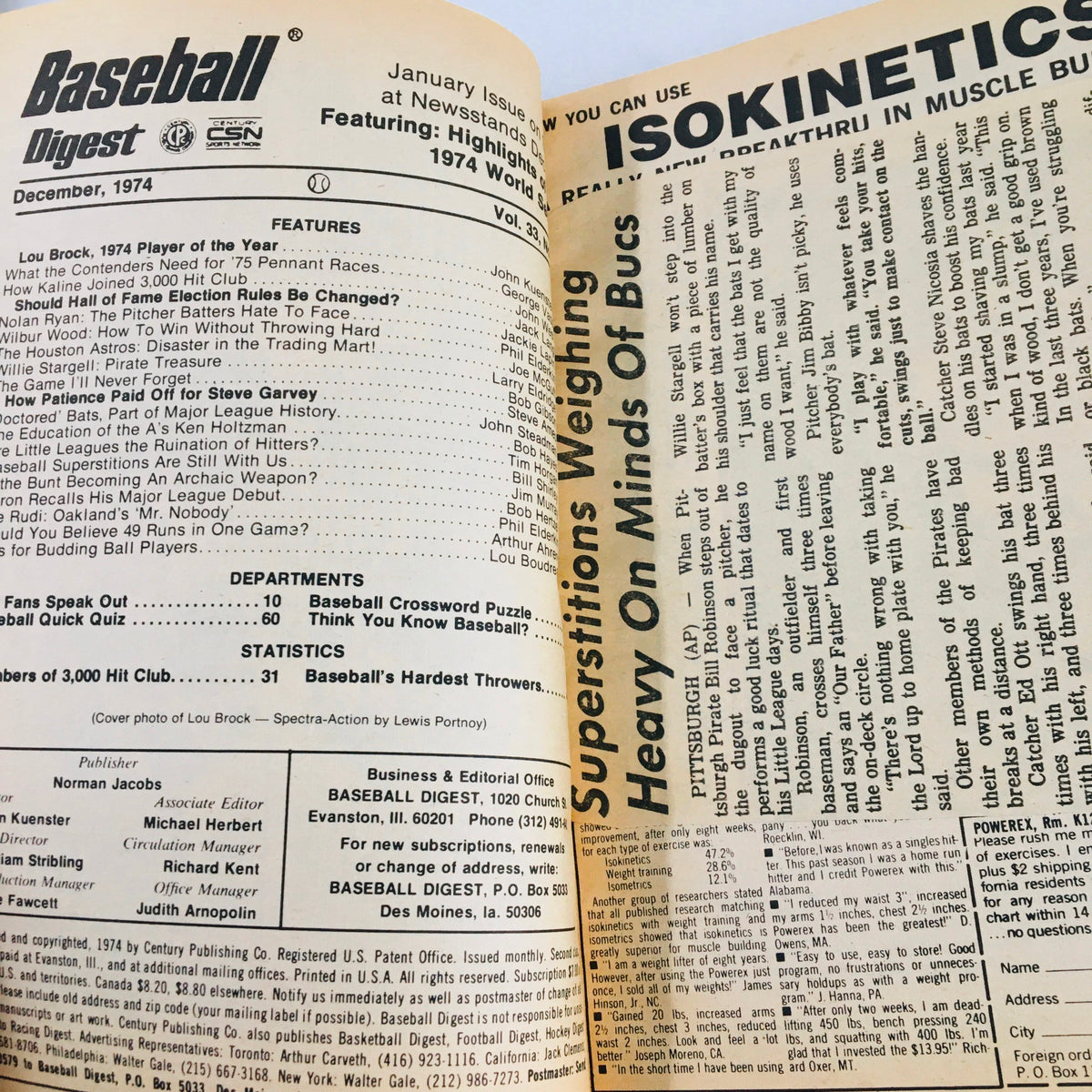 Interior page of the December 1974 Baseball Digest Magazine, including features on Bob Gibson's 'The Game I'll Never Forget' alongside statistics and articles relevant to baseball enthusiasts.