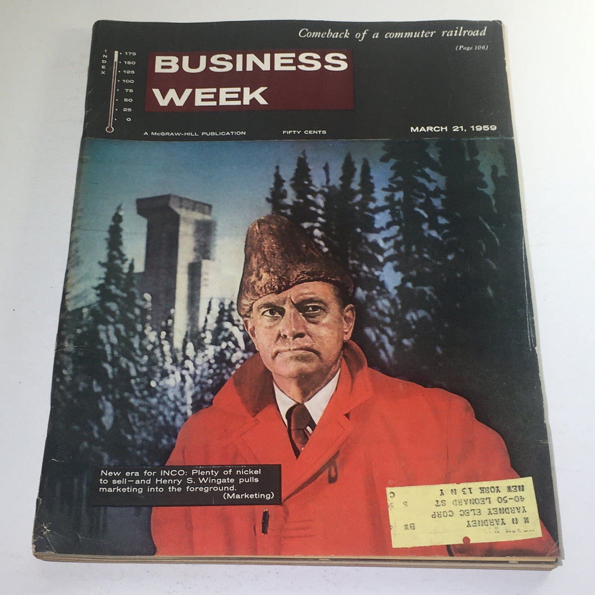 Cover of Business Week Magazine dated March 21, 1959, featuring the article 'Henry S. Wingate Pulls Marketing.' The magazine showcases a man wearing an orange coat and a unique hat amidst a forest backdrop.