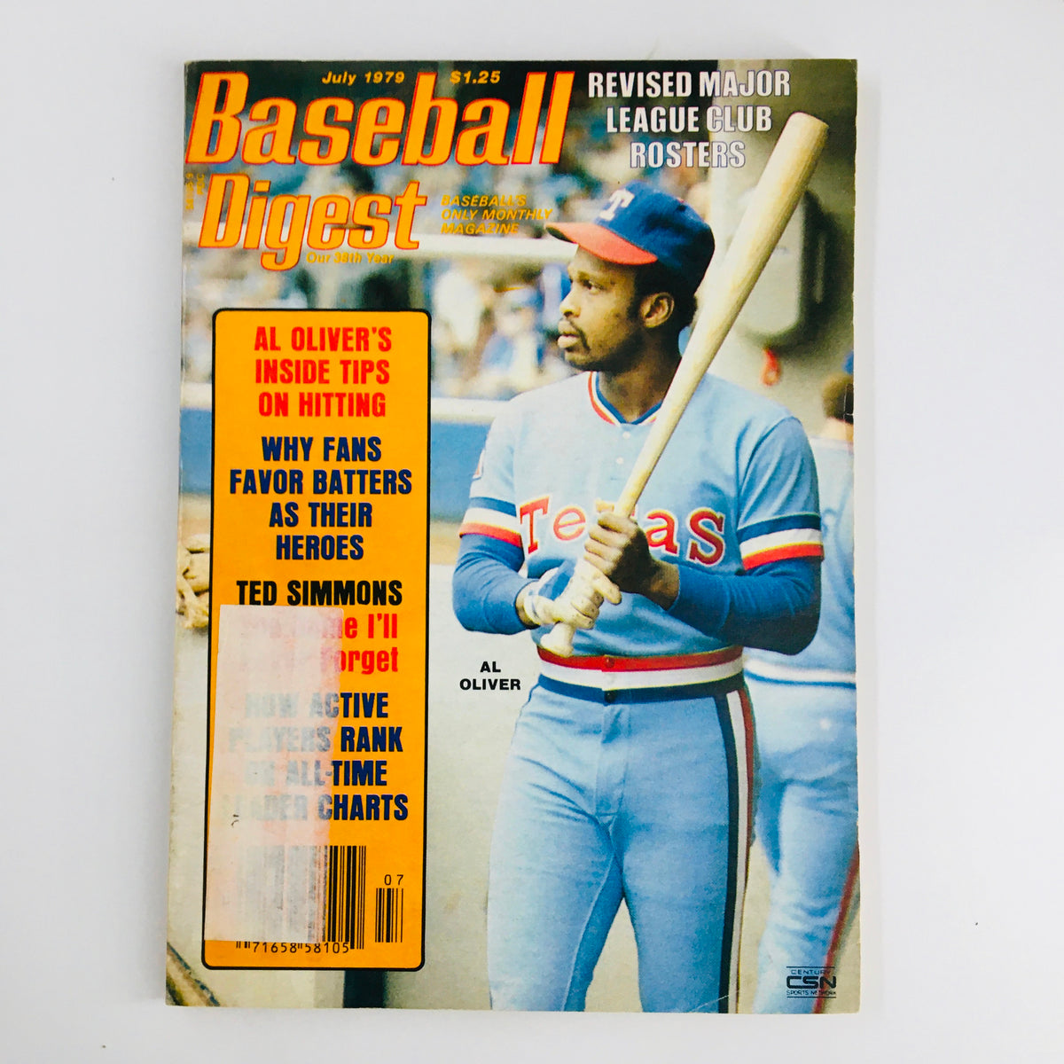Vintage Baseball Digest Magazine July 1979 featuring Al Oliver on the cover, highlighting inside tips on hitting and baseball statistics.