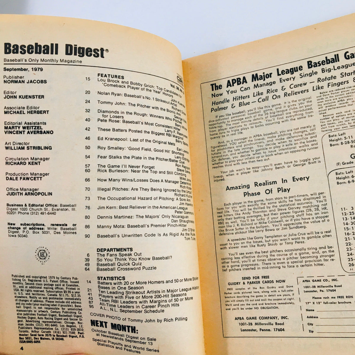 Vintage Baseball Digest Magazine September 1979 Nolan Ryan King of Strikeout Artists