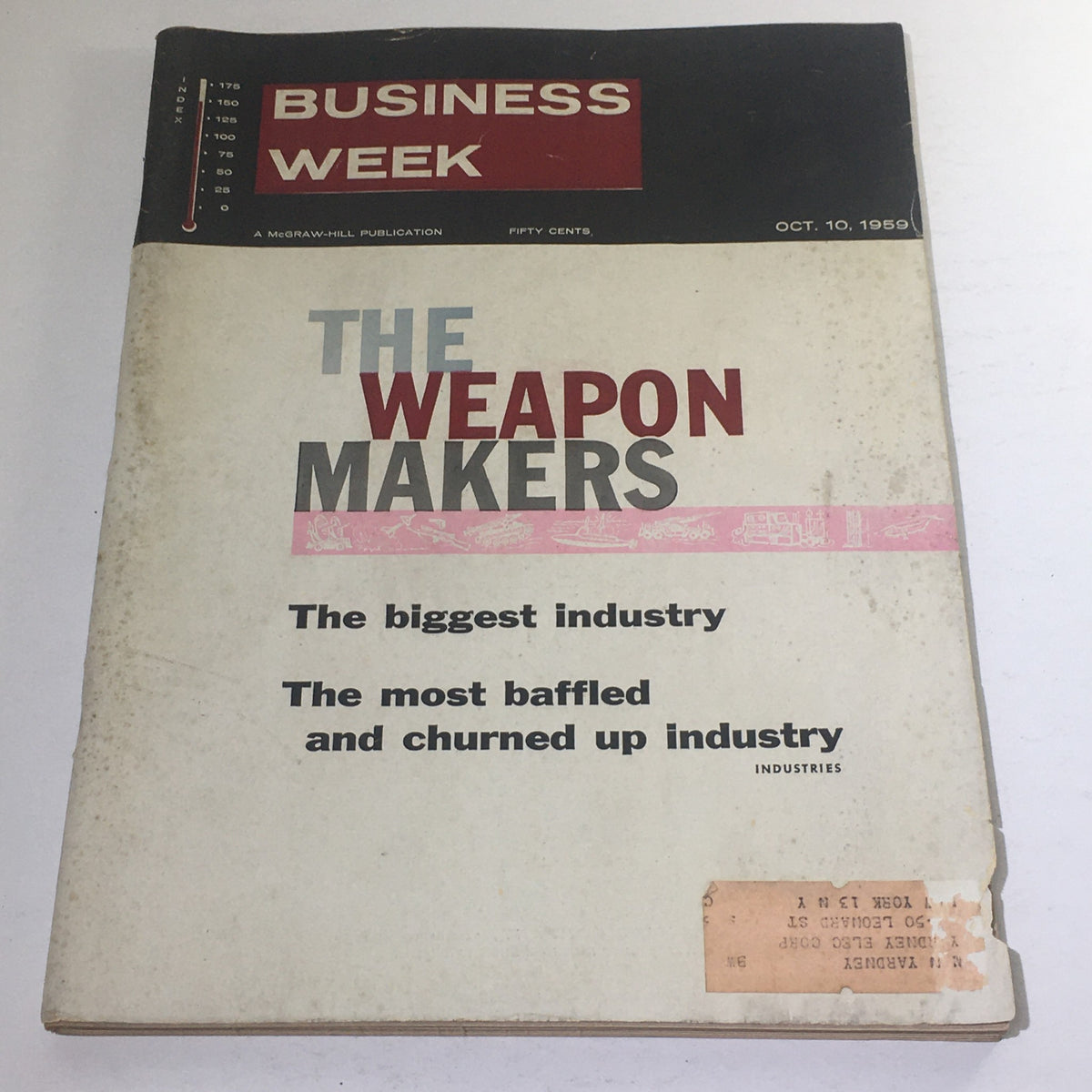 Cover of Business Week Magazine dated October 10, 1959 featuring the title 'The Weapon Makers' and a highlighted section stating 'The Biggest Industry'.