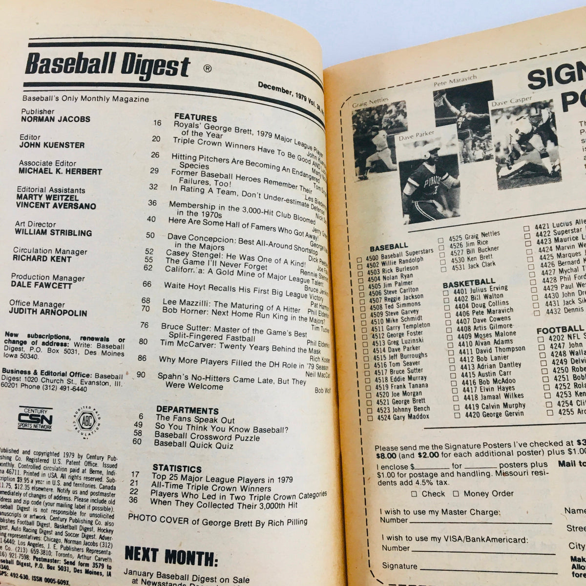 An interior page of the December 1979 Baseball Digest Magazine featuring features and statistics, highlighting George Brett as Player of the Year, along with articles on baseball history and player achievements.