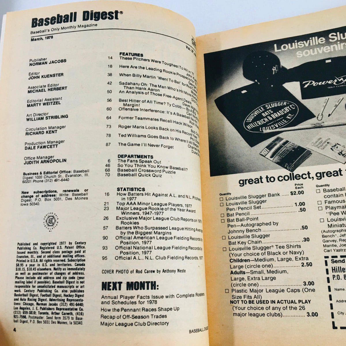 Inside page of the March 1978 Baseball Digest magazine revealing the table of contents, highlighting features on rookie pitchers and player statistics.
