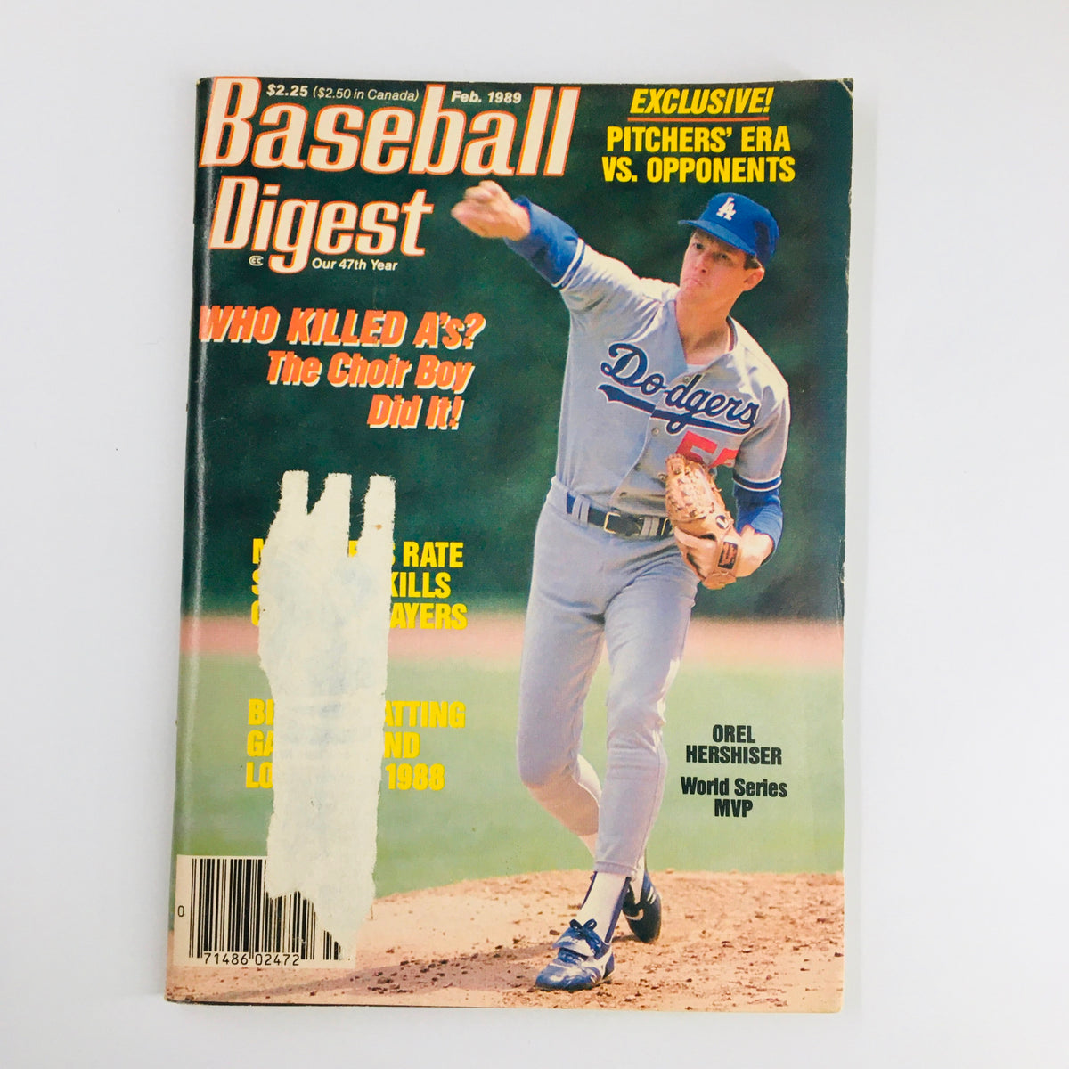 Cover of the February 1989 issue of Baseball Digest featuring Orel Hershiser, the World Series MVP, prominently displayed with headlines related to baseball topics.