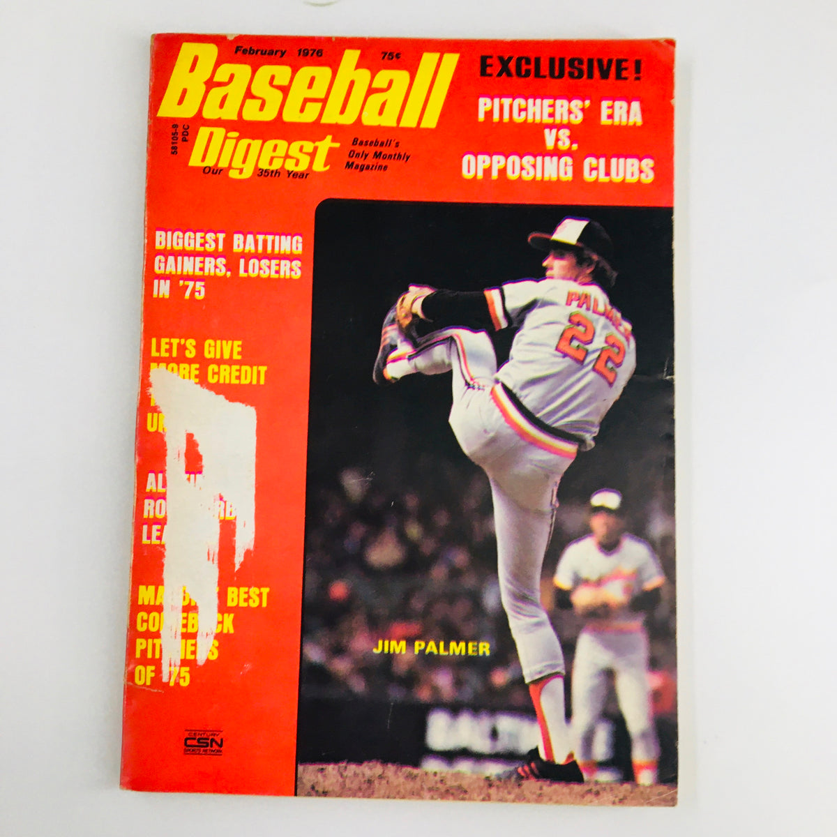 Baseball Digest February 1976 cover featuring Jim Palmer pitching, showcasing the magazine's classic design and vintage sports theme.