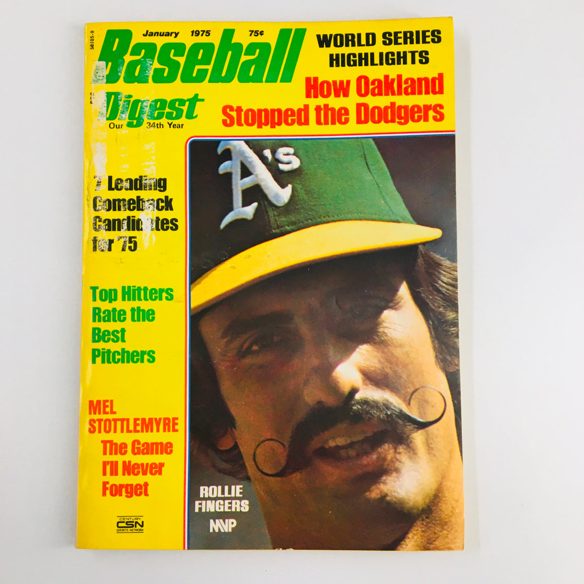Cover of VTG Baseball Digest Magazine January 1975 featuring Rollie Fingers and Mel Stottlemyre with highlights of World Series and comeback candidates for the season.
