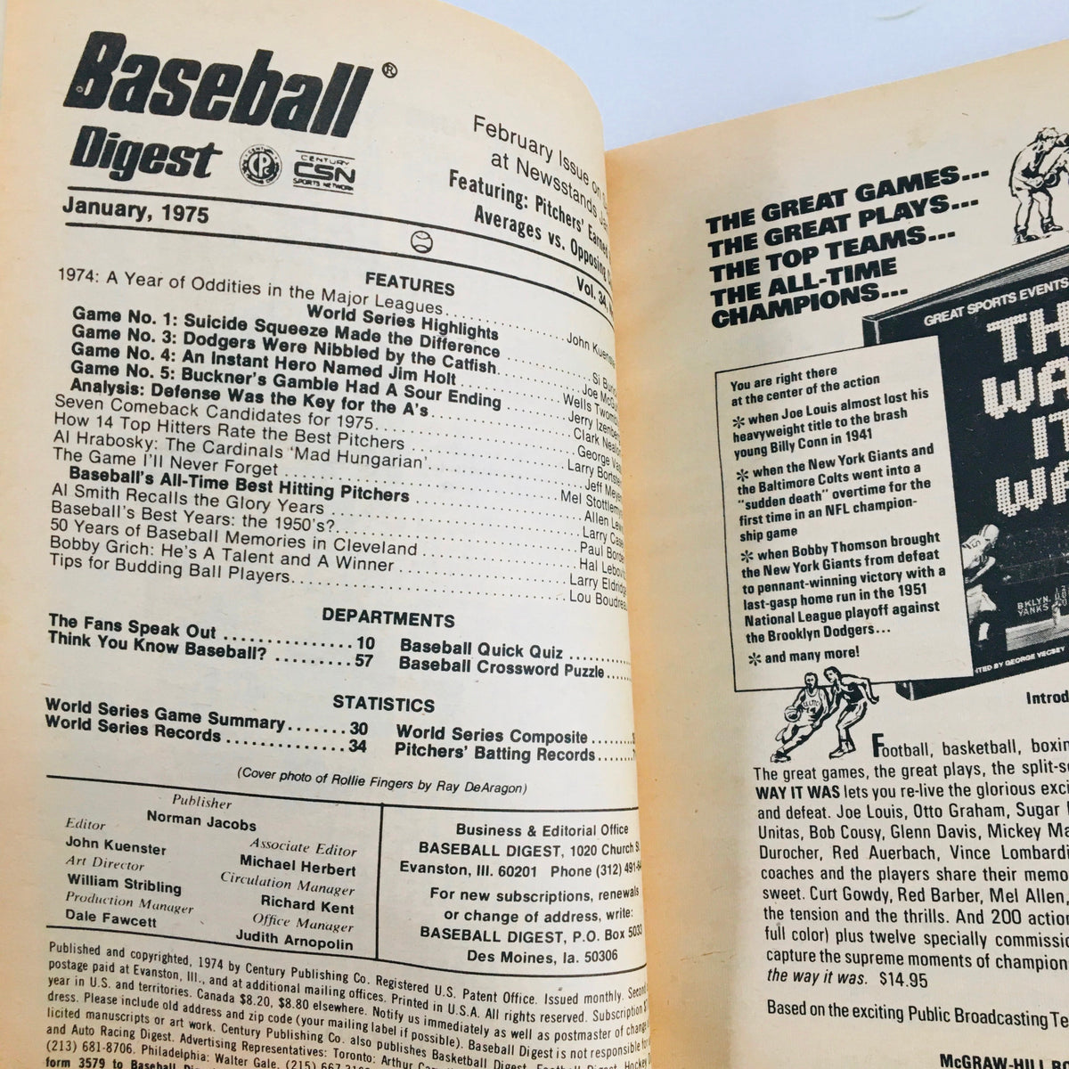 Inside page of Baseball Digest Magazine January 1975 featuring articles, statistics, and sections related to baseball history, highlighting players Rollie Fingers and Mel Stottlemyre.