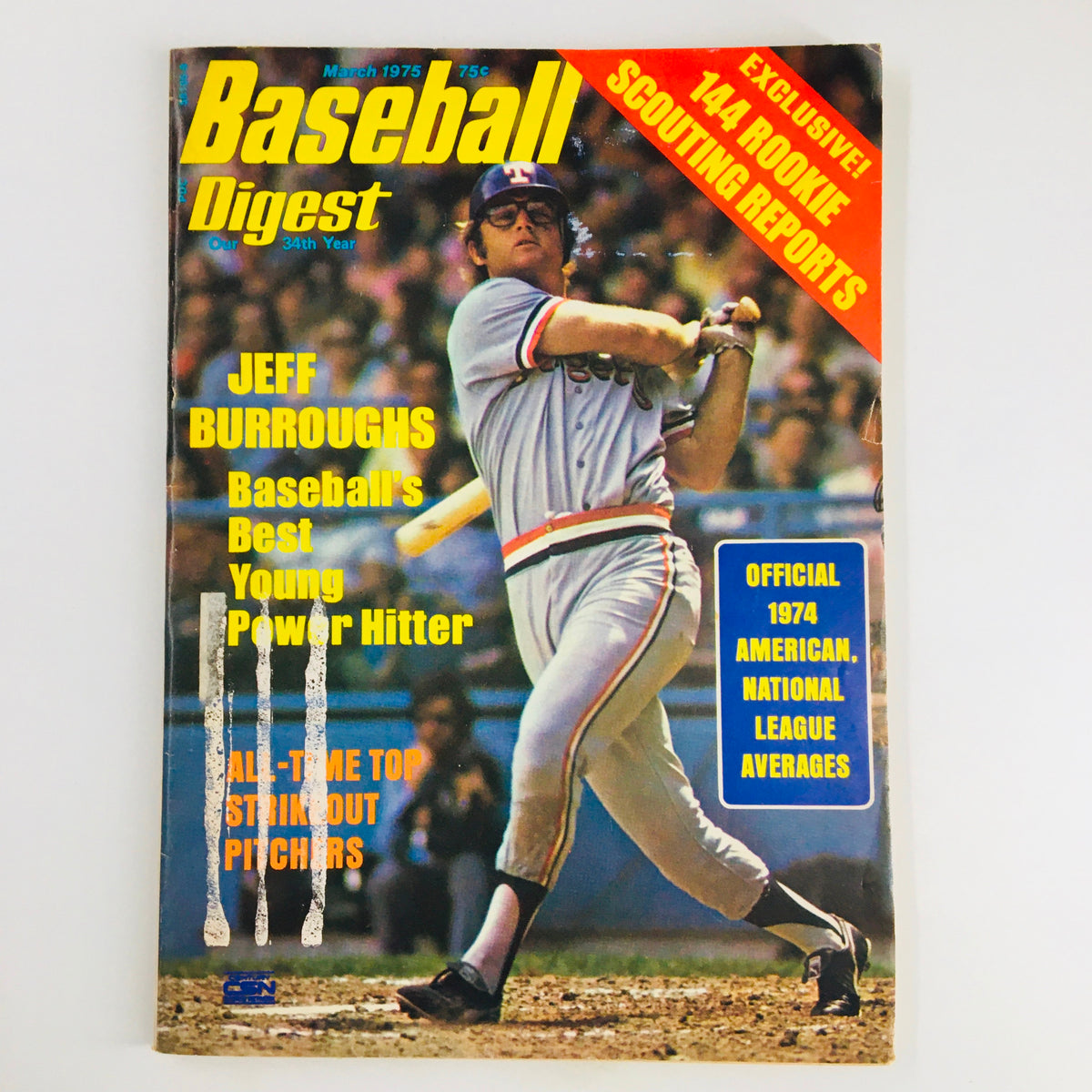 Cover of Vintage Baseball Digest Magazine from March 1975 featuring Jeff Burroughs, recognized as Baseball's Best Young Power Hitter, with highlights of the All-Time Top Strikeout Pitchers and exclusive scouting reports.