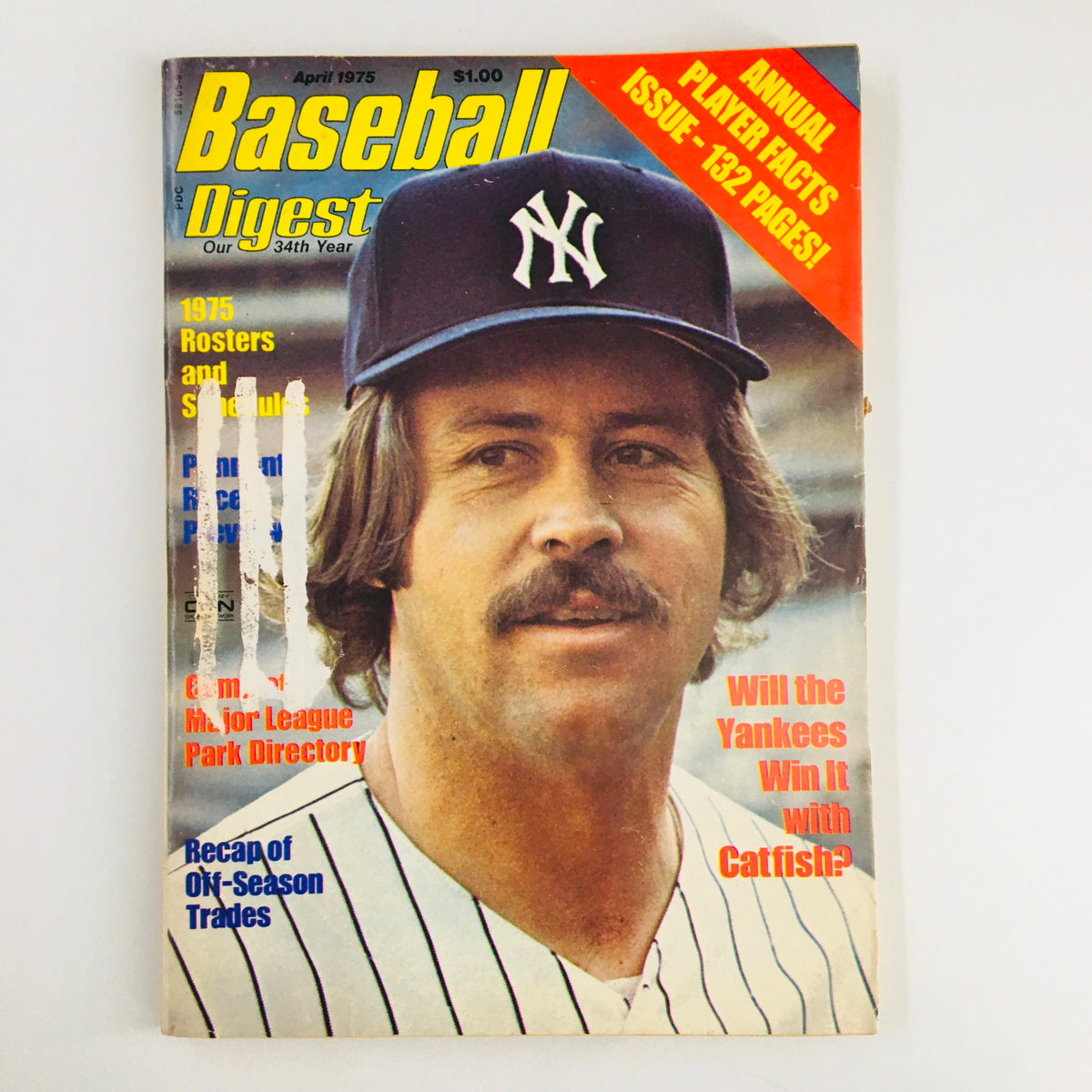 Cover of VTG Baseball Digest Magazine April 1975 featuring Catfish Hunter, highlighting New York Yankees history.