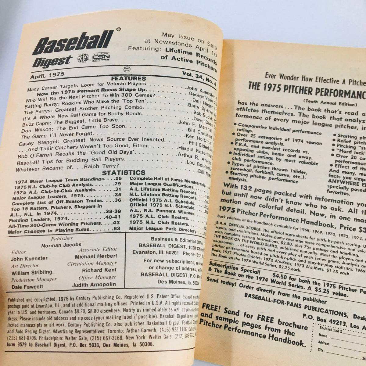 Inside page of VTG Baseball Digest Magazine April 1975 showcasing features and statistics from the baseball season.