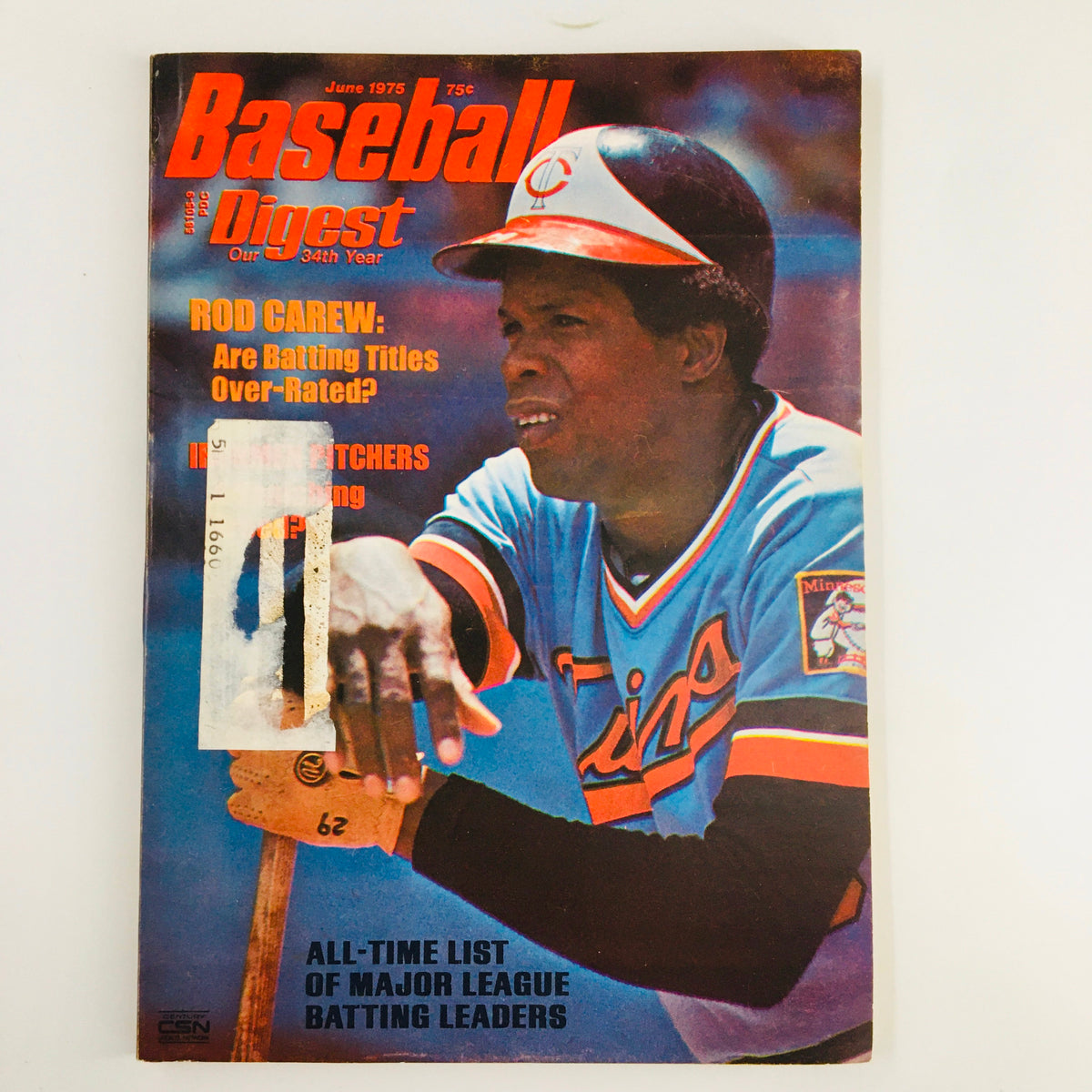 VTG Baseball Digest Magazine June 1975 cover featuring Rod Carew, discussing batting titles and showcasing a vintage baseball aesthetic.
