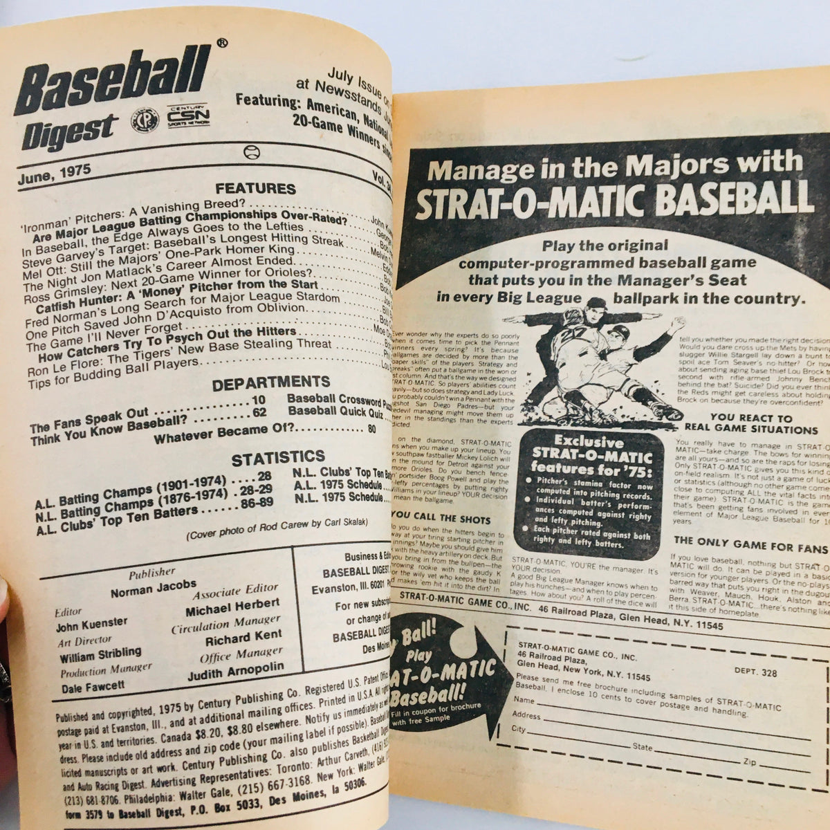Inside page of VTG Baseball Digest Magazine June 1975, highlighting features, statistics, and articles related to baseball with a nostalgic design.