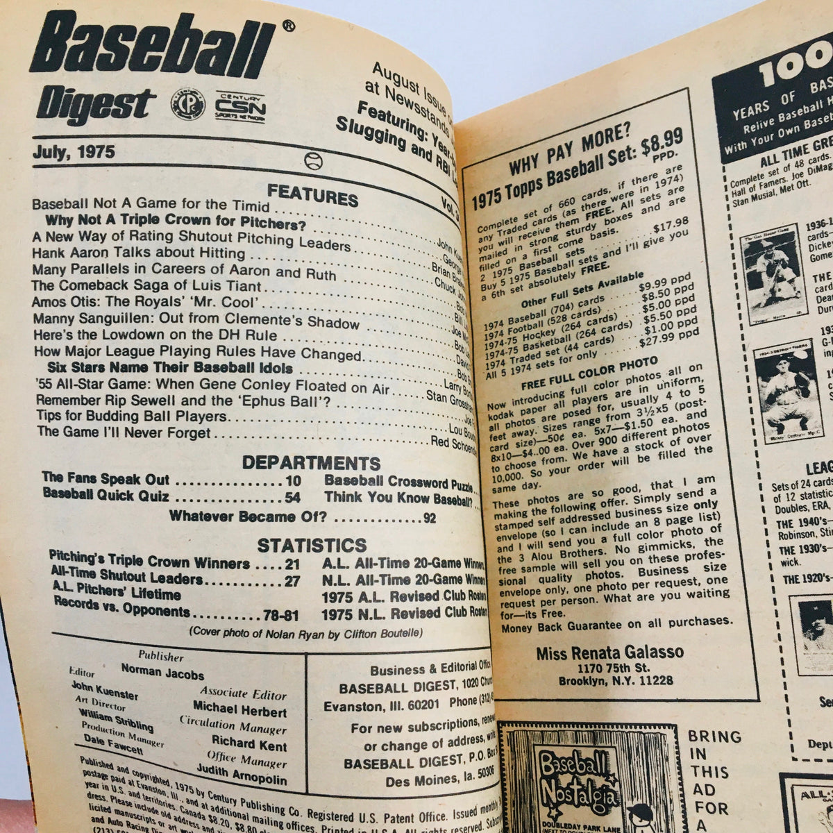 Interior page of July 1975 Baseball Digest Magazine, showcasing the table of contents and features including articles on Nolan Ryan and notable baseball statistics.