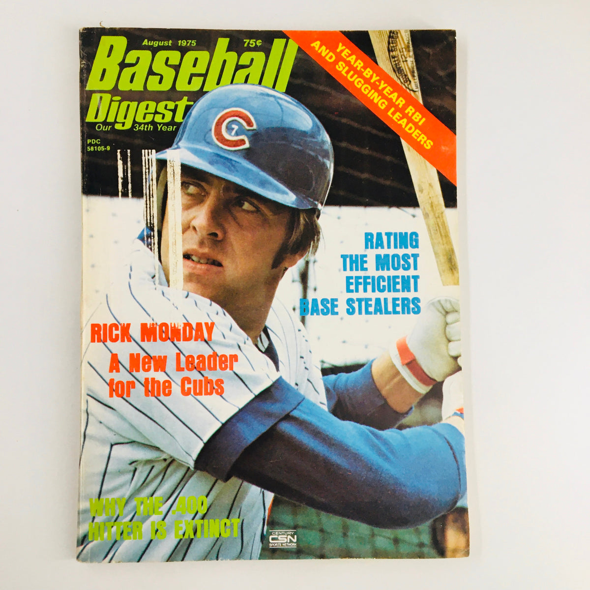 VTG Baseball Digest Magazine August 1975 featuring Rick Monday, showcasing his role as a new leader for the Cubs with a bright cover design and historic baseball theme.