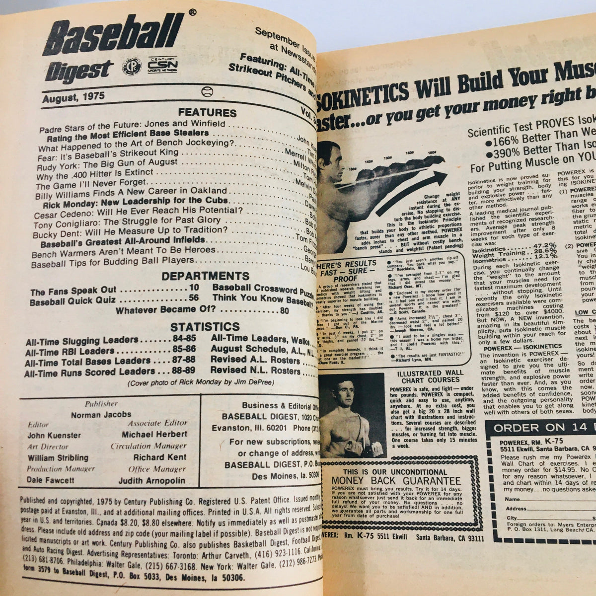 Inside page of the VTG Baseball Digest Magazine August 1975, highlighting features and statistics relevant to the baseball season, including articles about Rick Monday.
