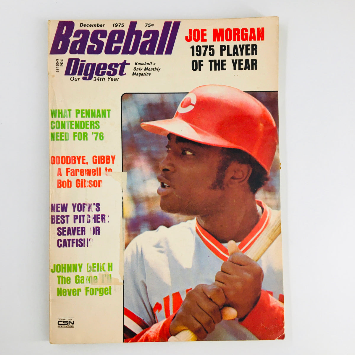 Cover of the Baseball Digest Magazine from December 1975 featuring Joe Morgan as the 1975 Player of the Year, highlighting vintage baseball memorabilia and iconic sports history.