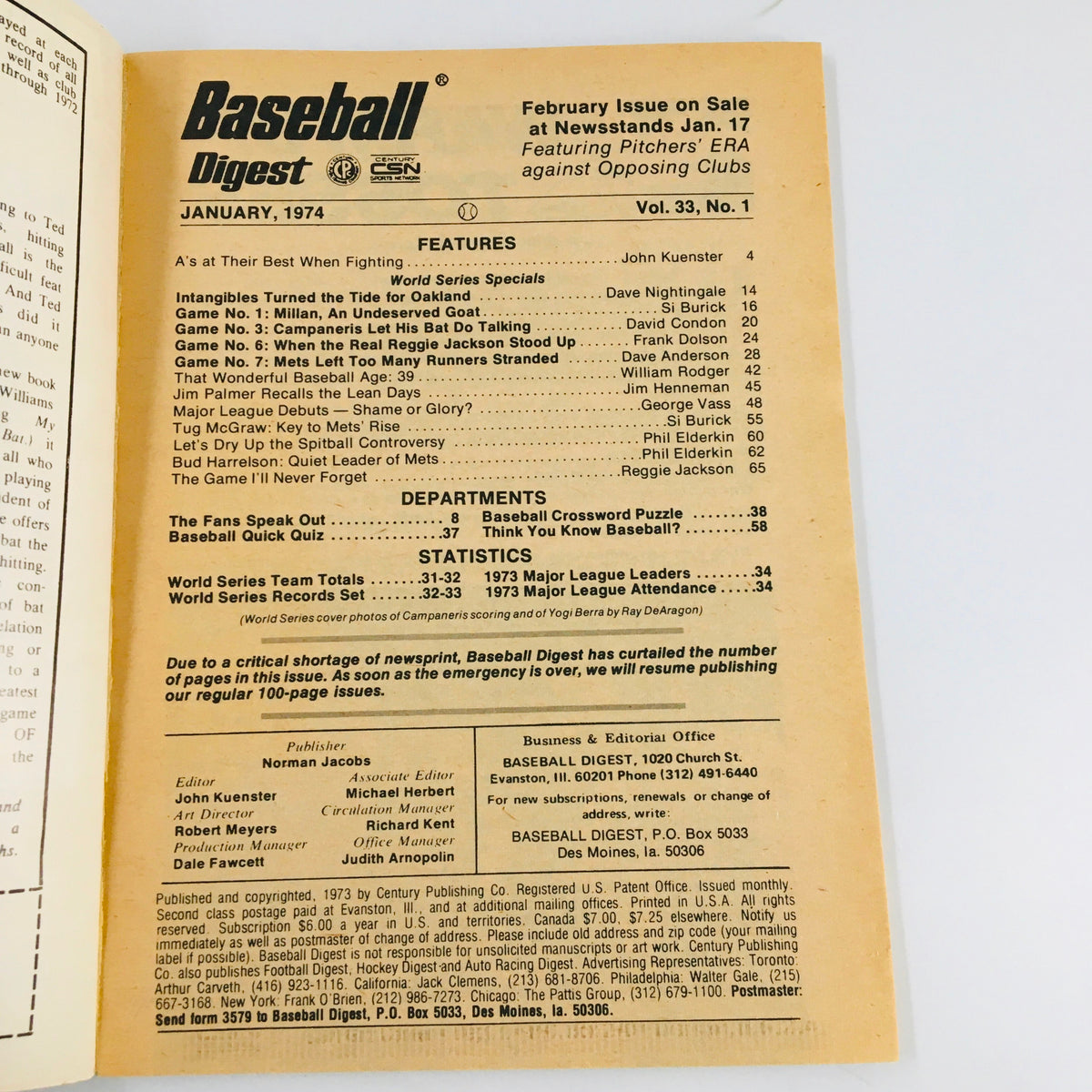 Inside page of VTG Baseball Digest Magazine January 1974 with table of contents, including features on World Series, baseball player statistics, and player highlights.