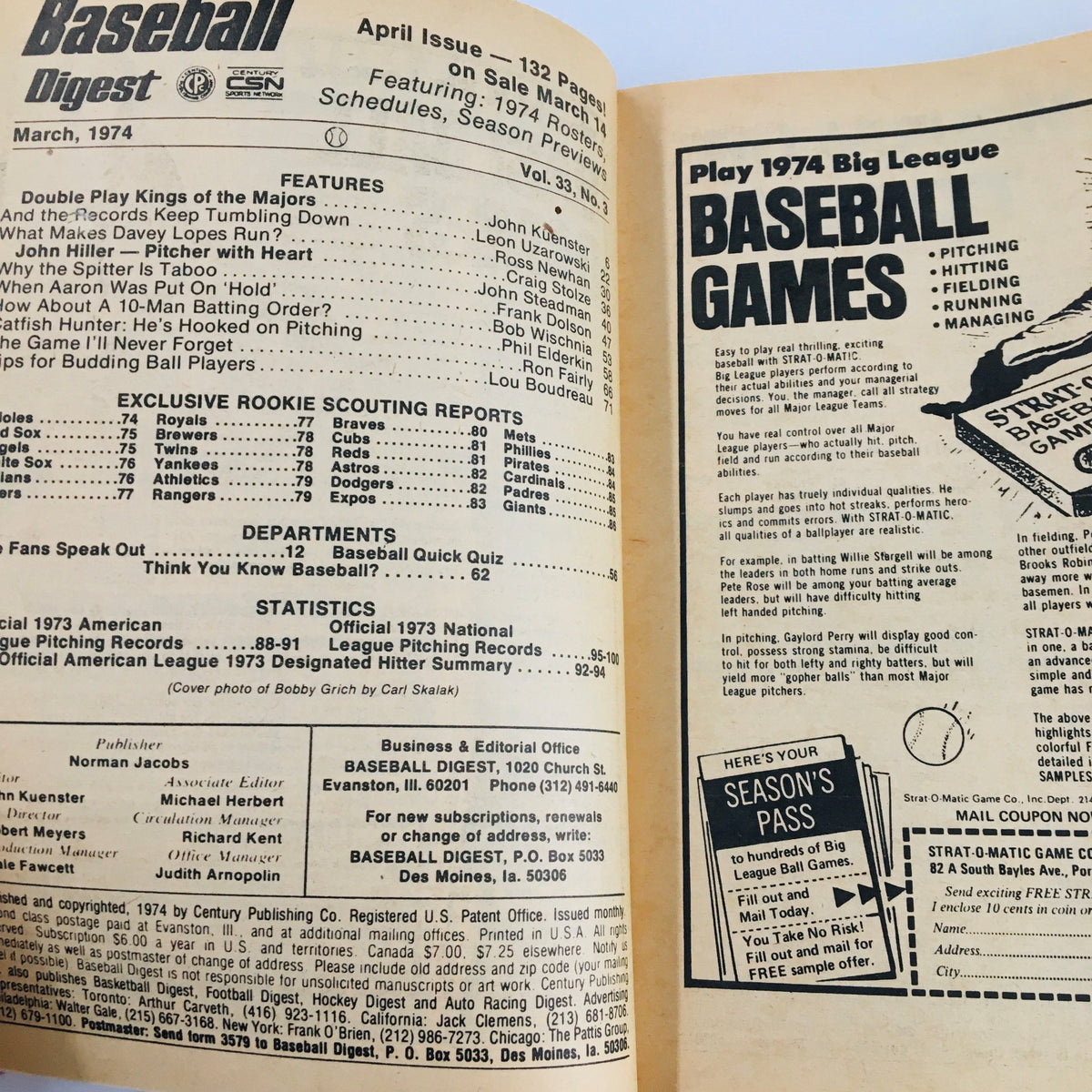 Interior page of the March 1974 Baseball Digest magazine, displaying features, statistics, and rookie scouting reports relevant to MLB.