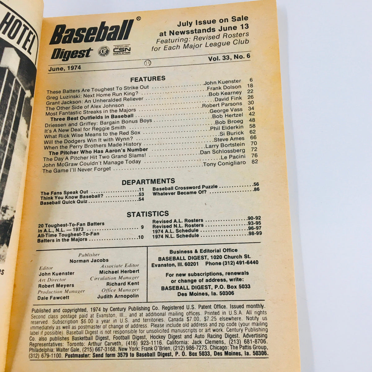 Baseball Digest Magazine June 1974 featuring Felix Millian, showcasing contents including articles on top MLB players, statistics, and a crossword puzzle, indicative of the sport’s history.