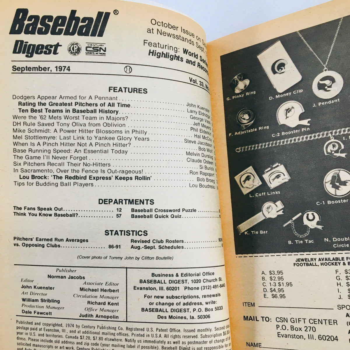 Inside page of the September 1974 Baseball Digest magazine, highlighting features like Dodgers Armed for a Pennant and other baseball statistics along with advertisements, celebrating the era of classic baseball.