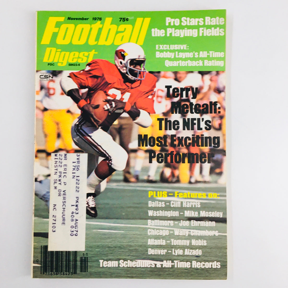 Football Digest Magazine November 1976 cover featuring Terry Metcalf, the NFL's Most Exciting Performer, showcasing vibrant graphics and articles on NFL teams and player highlights.