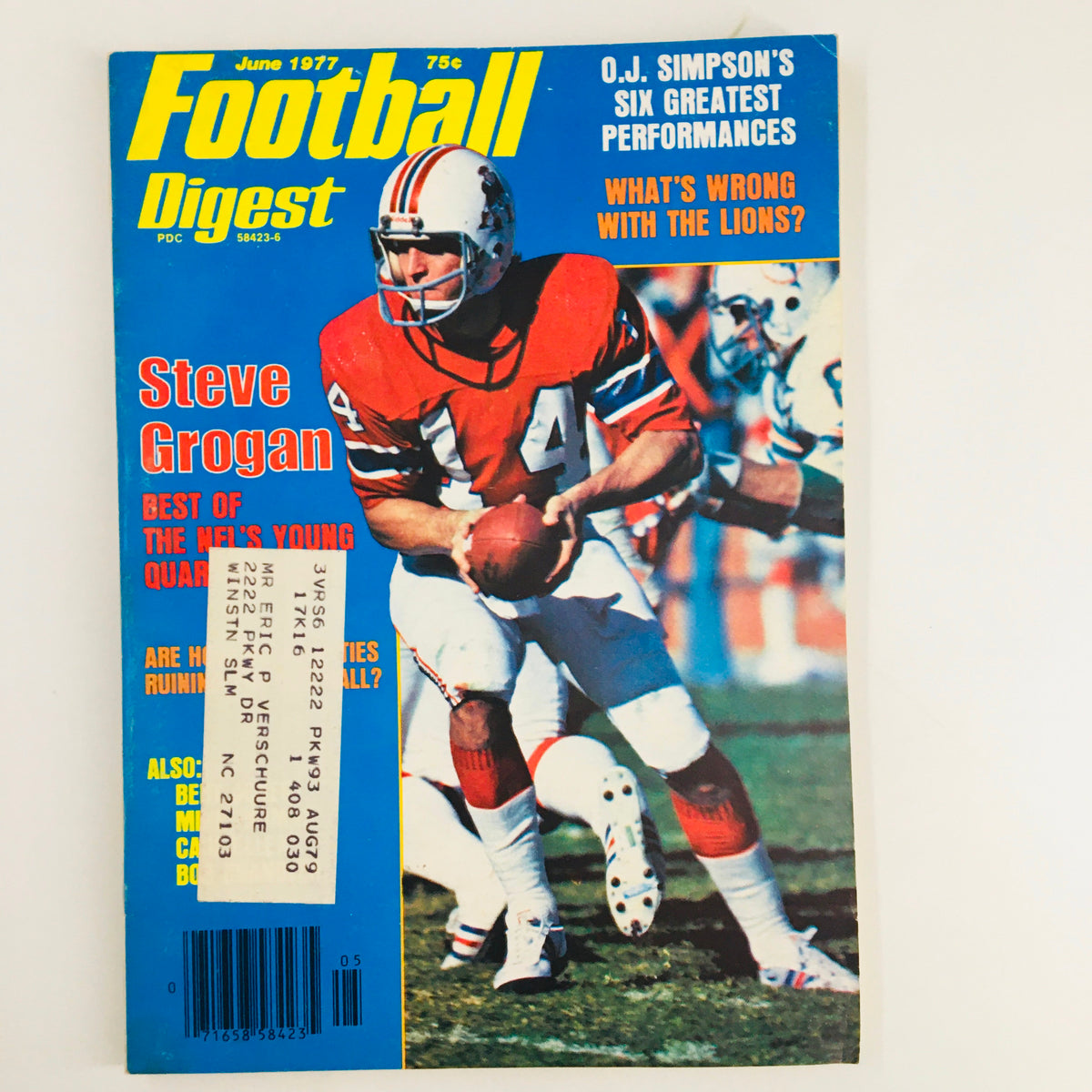 June 1977 Football Digest magazine cover featuring Steve Grogan, NFL's young quarterback, showcasing vibrant cover art and articles related to football culture of the 1970s.