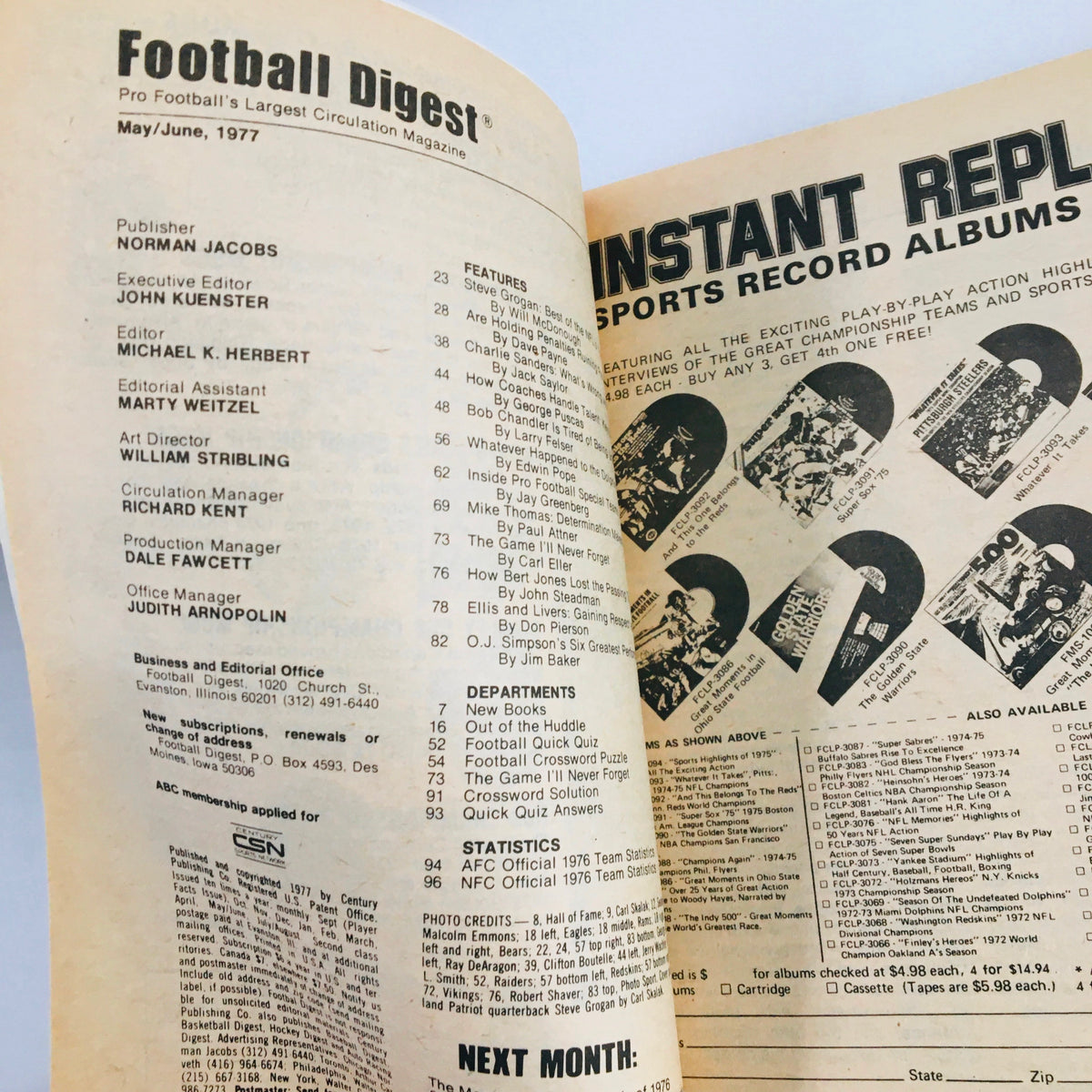 Interior page of the June 1977 Football Digest magazine, displaying the table of contents with feature articles including Steve Grogan, capturing the essence of 1970s football.