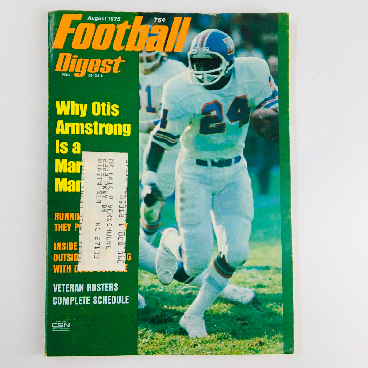 VTG Football Digest Magazine August 1975 cover featuring the headline 'Why Otis Armstrong is a Marked Man,' showcasing a football player in action, emphasizing the magazine's historical significance in American football.