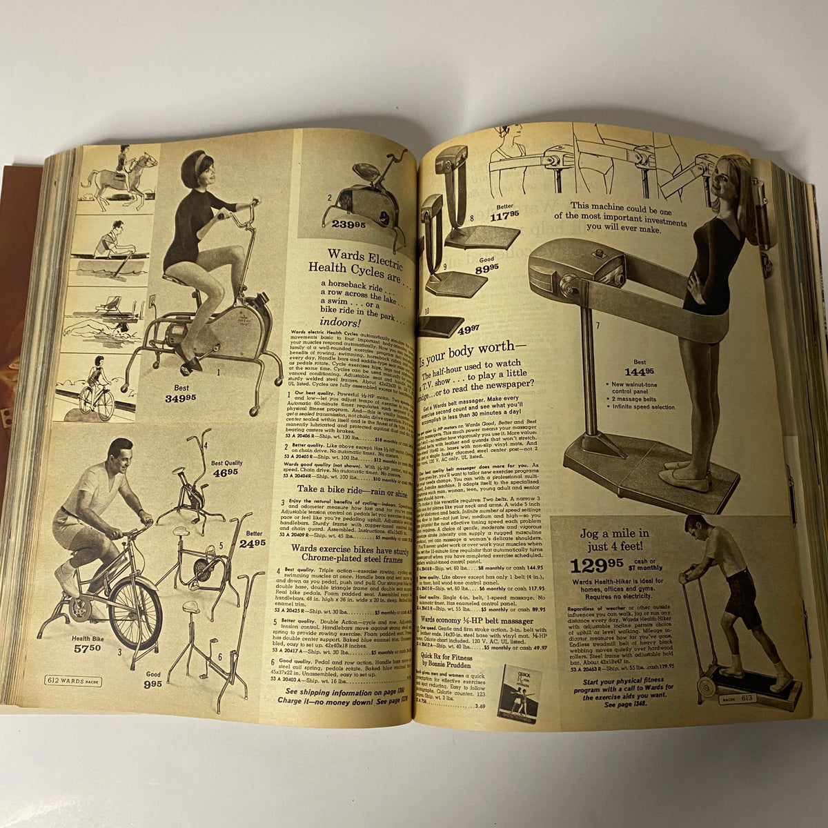 1968 Montgomery Ward Fall and Winter Catalog page displaying home fitness equipment including health cycles and exercise machines, capturing the fitness trends of the late 1960s.