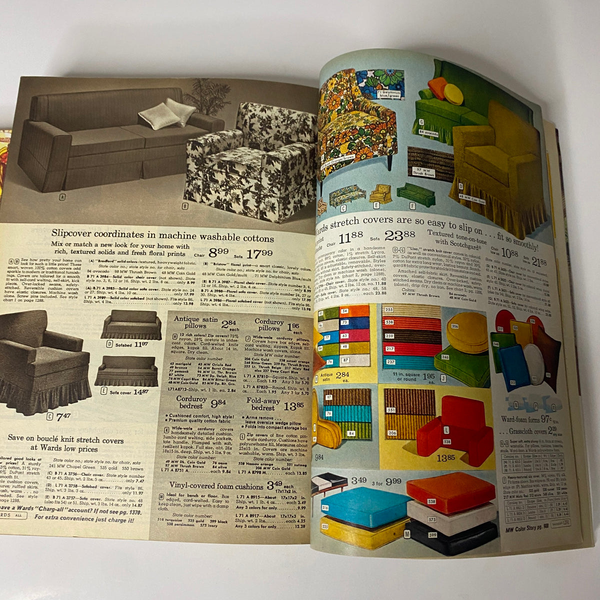 Various slipcovers and furnishing options in the 1968 Montgomery Ward Fall and Winter Catalog, highlighting stylish machine washables and patterned designs.