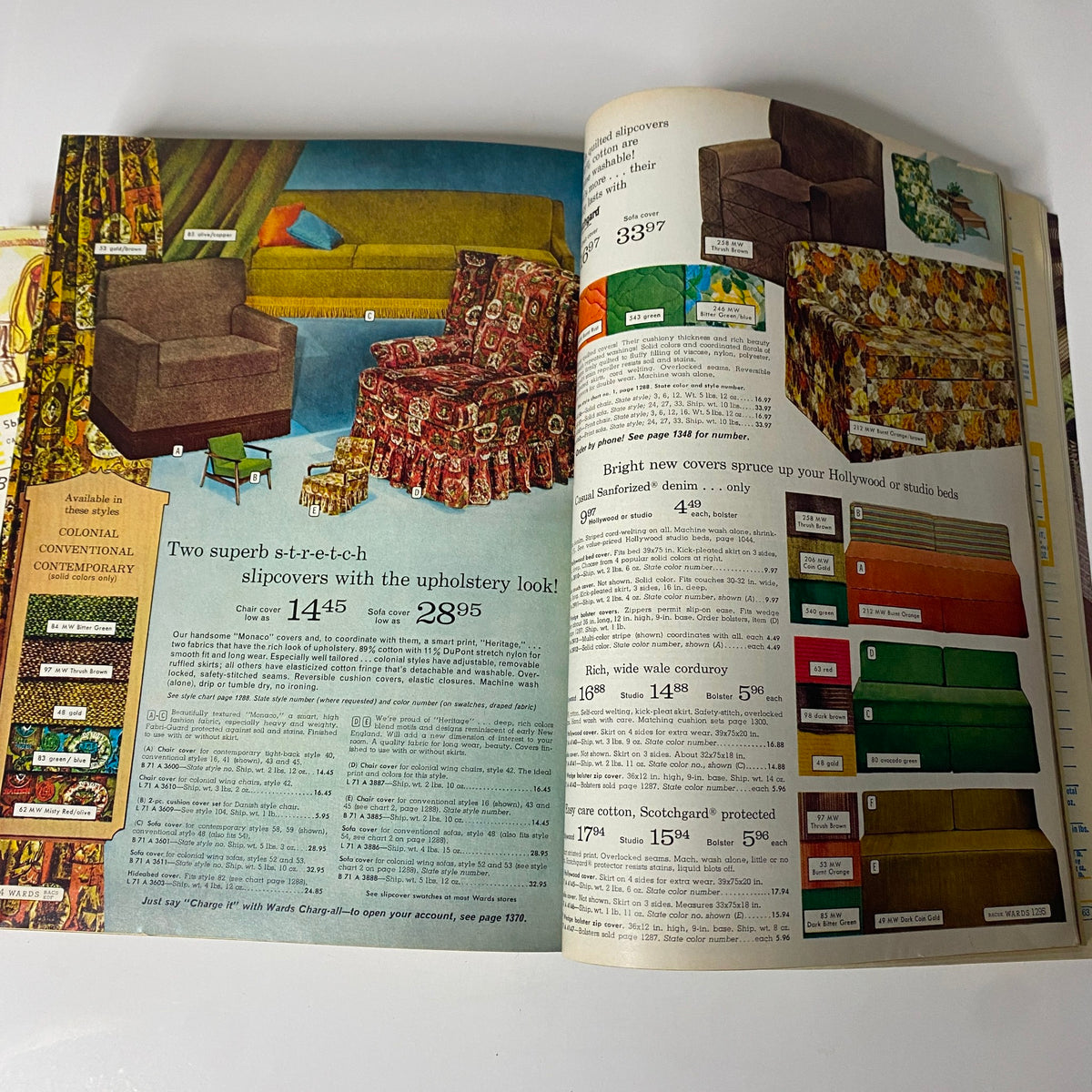 Images of stretch slipcovers and upholstery options in the 1968 Montgomery Ward Fall and Winter Catalog, illustrating retro design choices for home furnishings.
