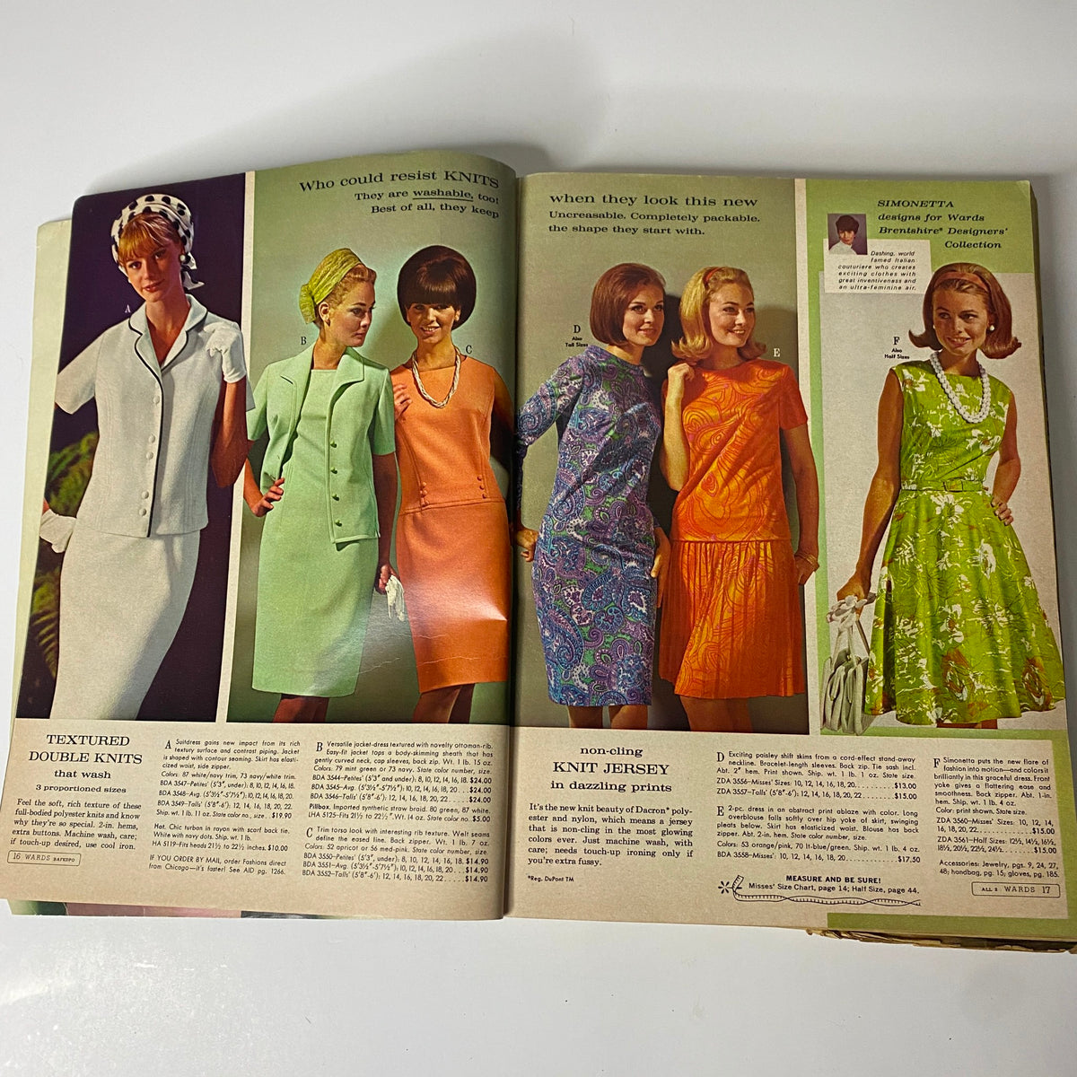 1967 Montgomery Ward Spring and Summer Catalog featuring fashionable knit dresses and two-piece outfits, highlighting trendy designs for women in a variety of colors.