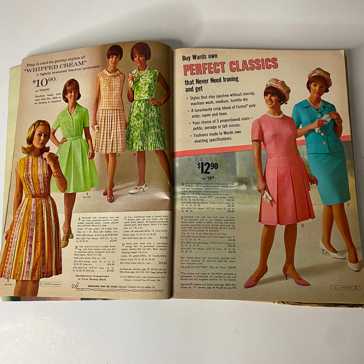 1967 Montgomery Ward Spring and Summer Catalog displaying chic women's summer dresses labeled as 'Perfect Classics' that are stylish and low-maintenance, with pricing details.
