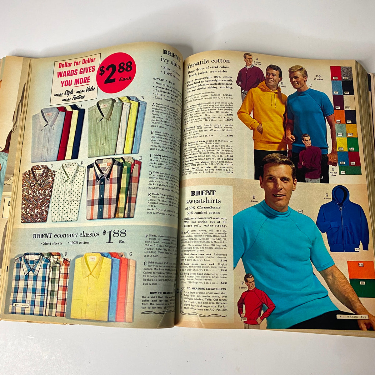 Page showcasing colorful Brent brand men's shirts and sweatshirts from the 1967 Montgomery Ward Spring and Summer Catalog, featuring pricing details and various styles.