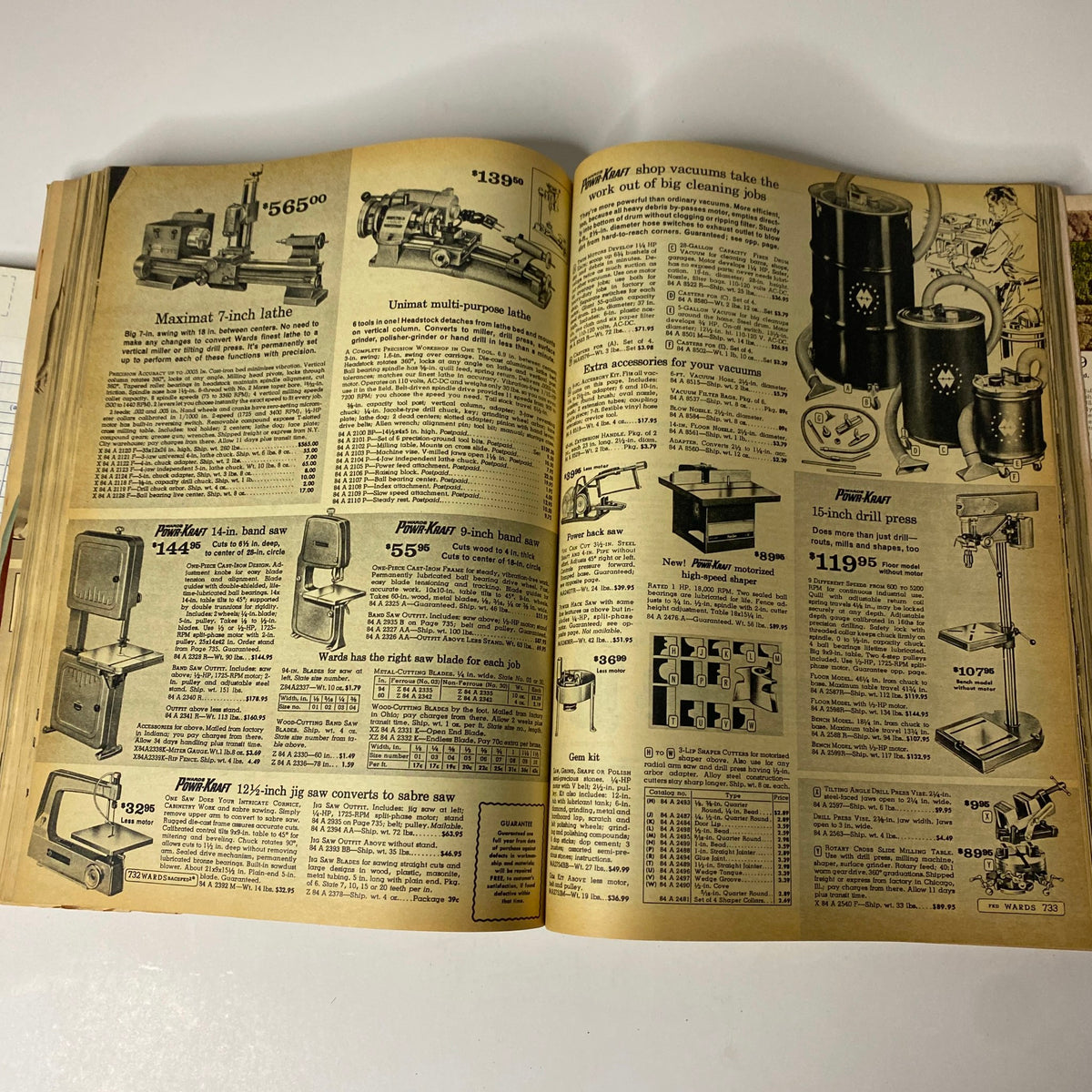 Page illustrating various Pow'rKraft workshop equipment and lathes from the 1967 Montgomery Ward Spring and Summer Catalog, including pricing for tools.