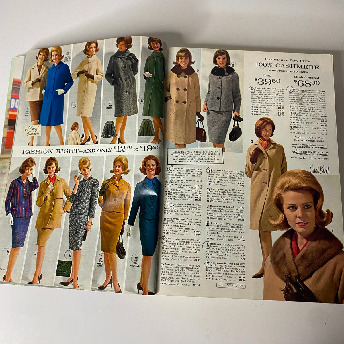 1964 Montgomery Ward Fall and Winter Catalog displaying luxurious women's outerwear, including cashmere and wool coats with prices from the mid-1960s.
