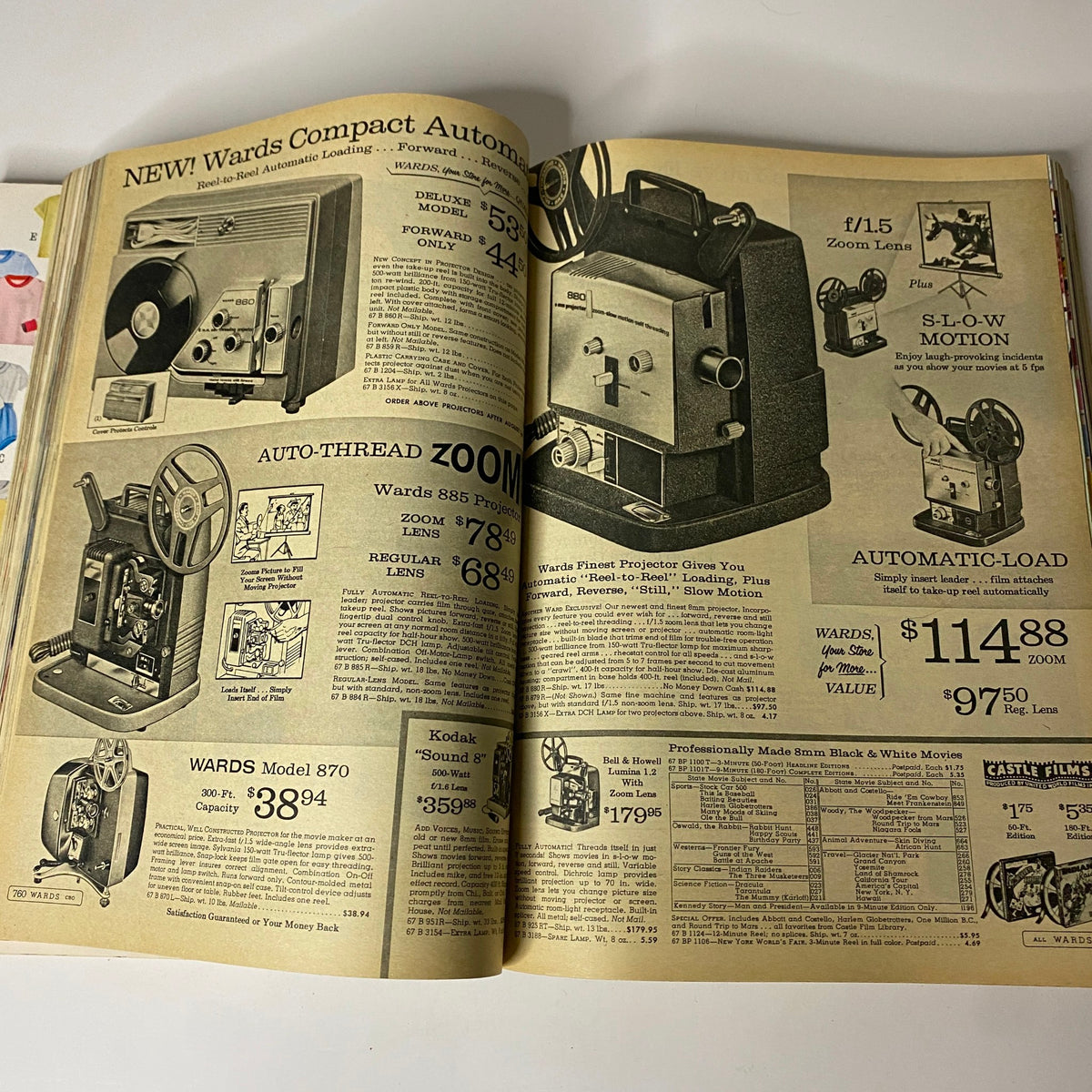 1964 Montgomery Ward Fall and Winter Catalog presenting various film projectors and photography equipment highlighting technology from the 1960s.