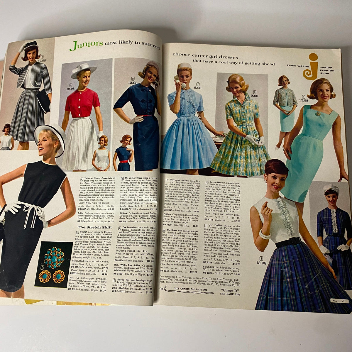 Interior page of the 1963 Montgomery Ward Spring and Summer Catalog showcasing various dresses for juniors, reflecting early 1960s fashion trends.