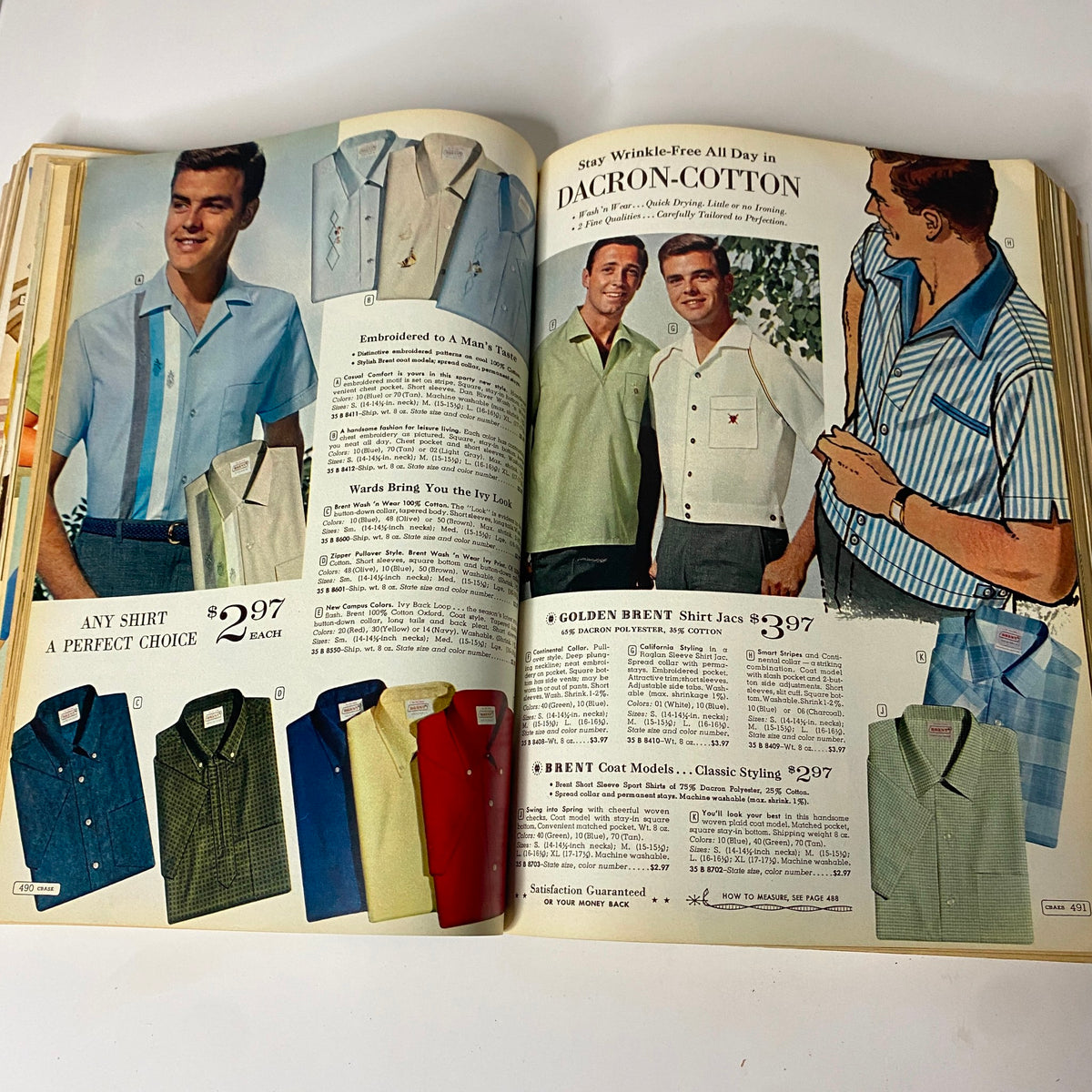 1963 Montgomery Ward Spring and Summer Catalog with men's shirt styles, featuring wrinkle-free Dacron-cotton shirts in varied colors and designs, reflecting the fashion sensibilities of the early 1960s.